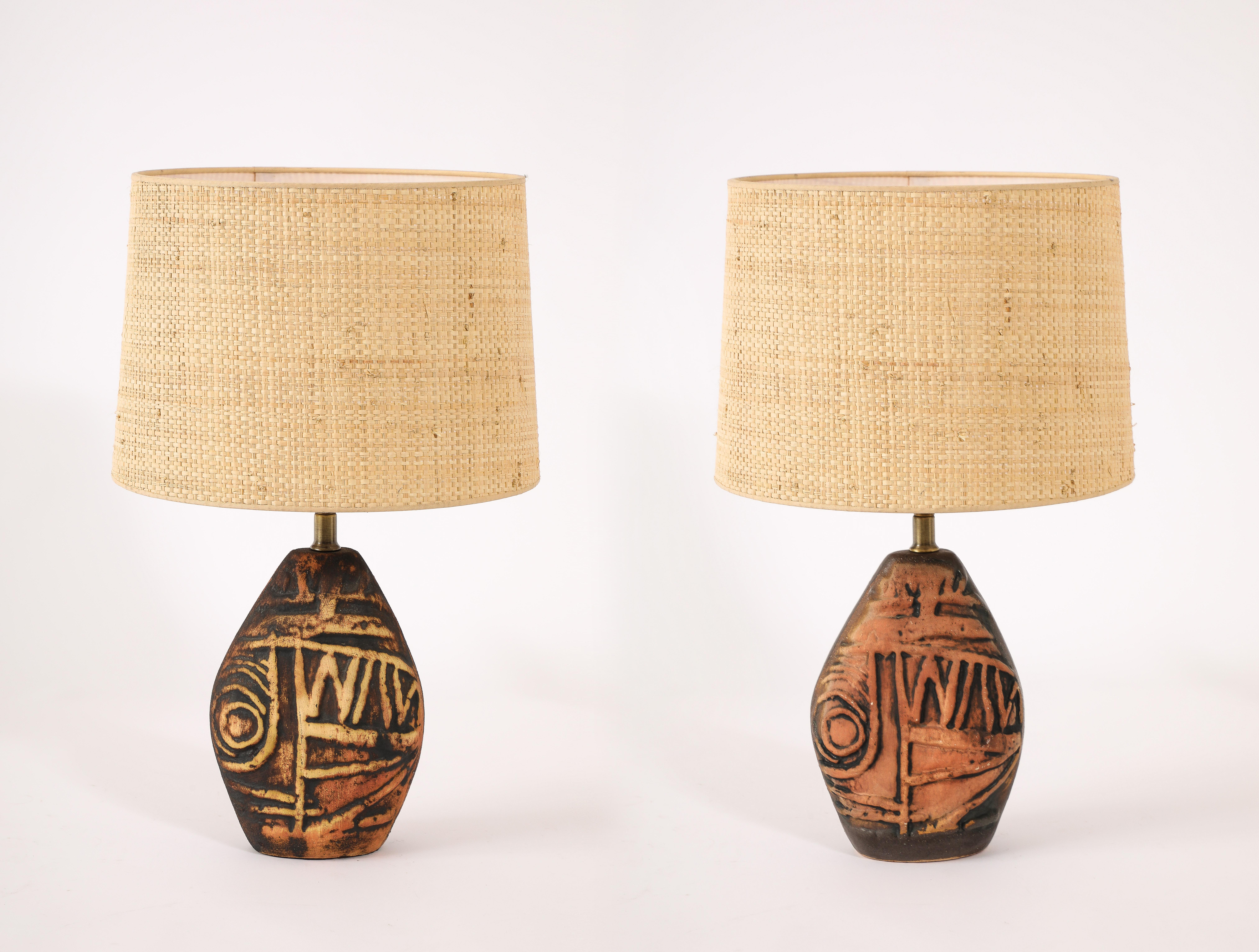 Brutalist Petter Ellery Earth Tone Ceramic Table Lamps, UK 1960's For Sale
