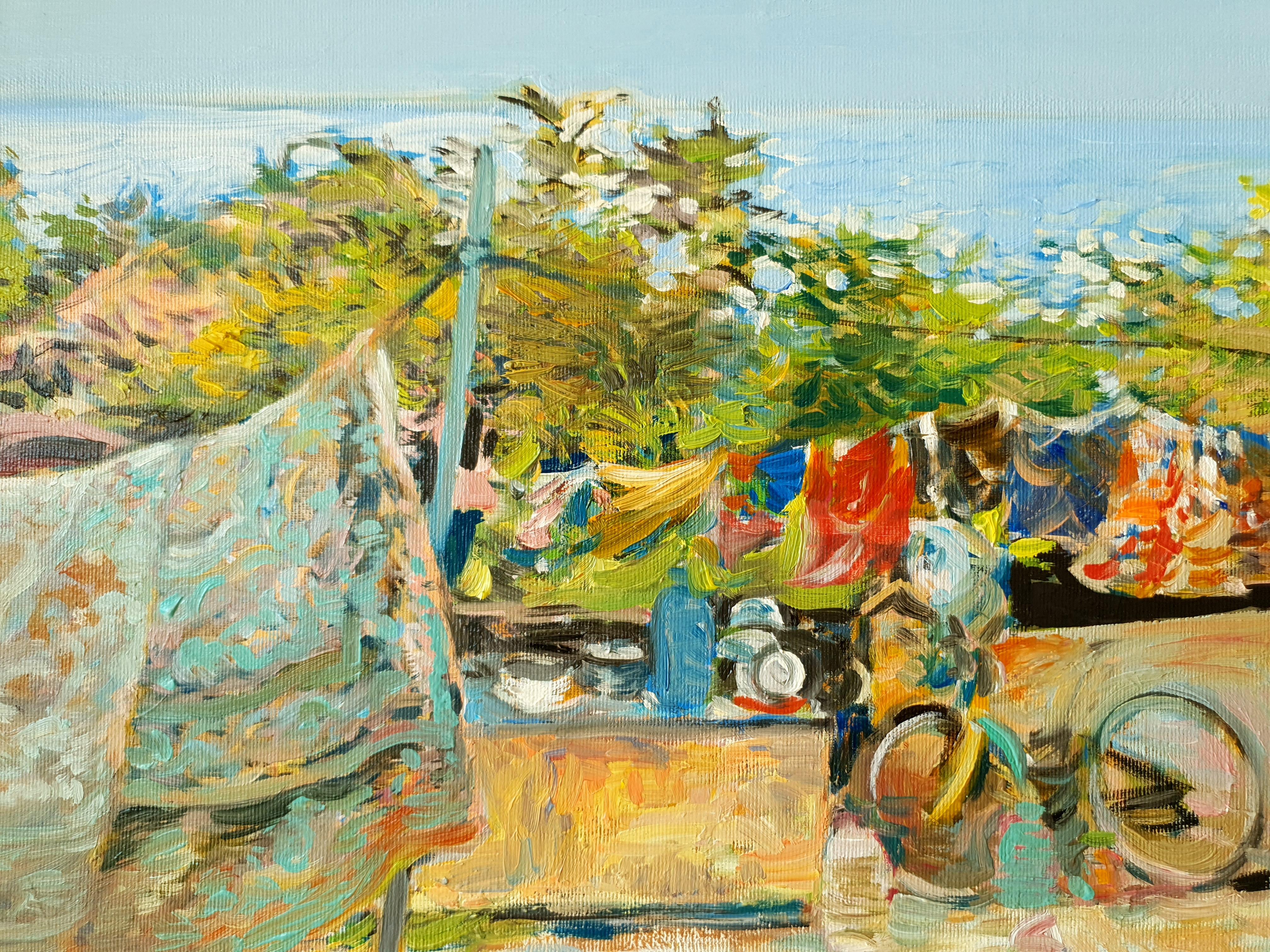 The Fisherman's Home - Peinture à l'huile Rouge Orange Vert Bleu Blanc Jaune Brown - Painting de Petya Deneva