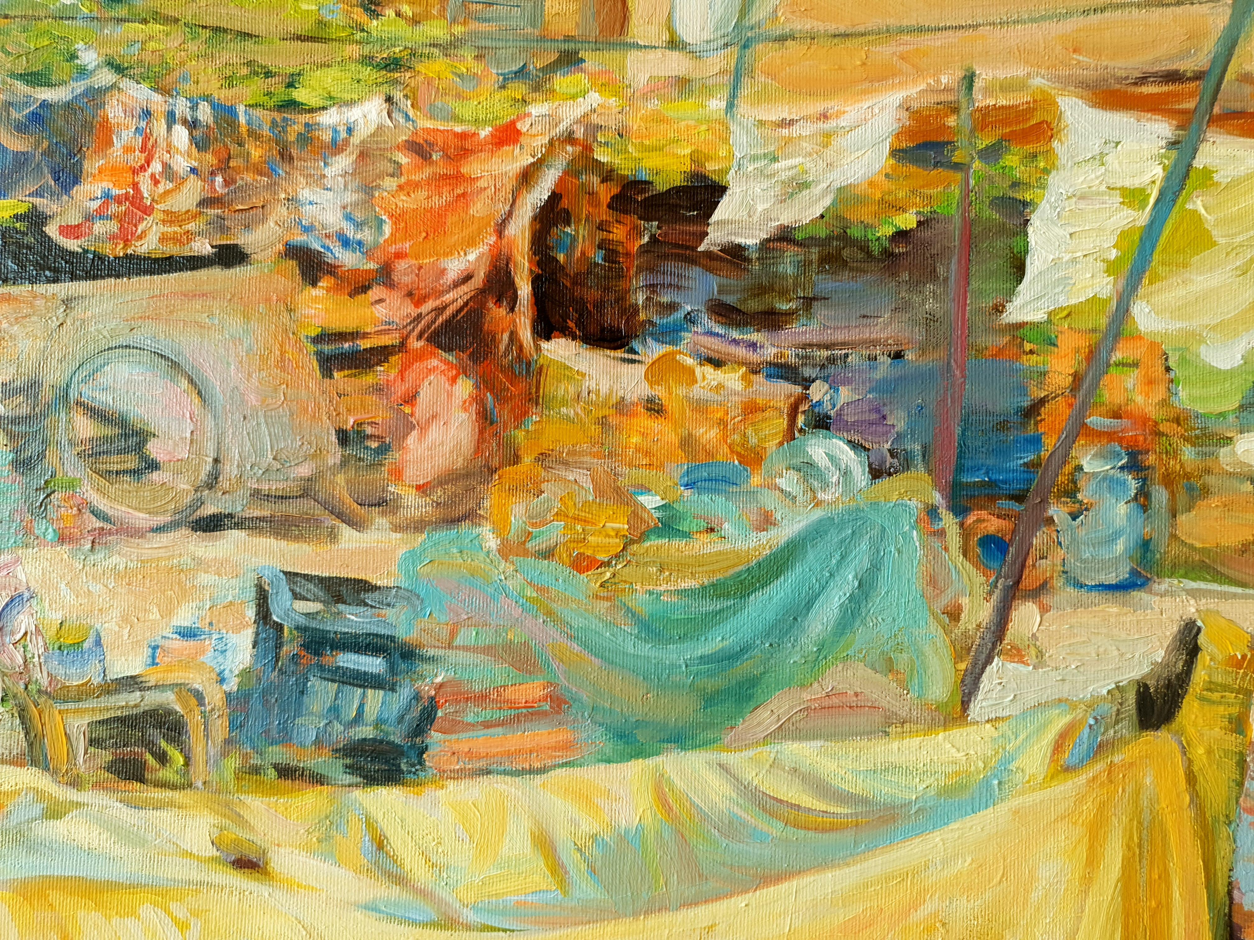 The Fisherman's Home - Peinture à l'huile Rouge Orange Vert Bleu Blanc Jaune Brown - Impressionnisme Painting par Petya Deneva