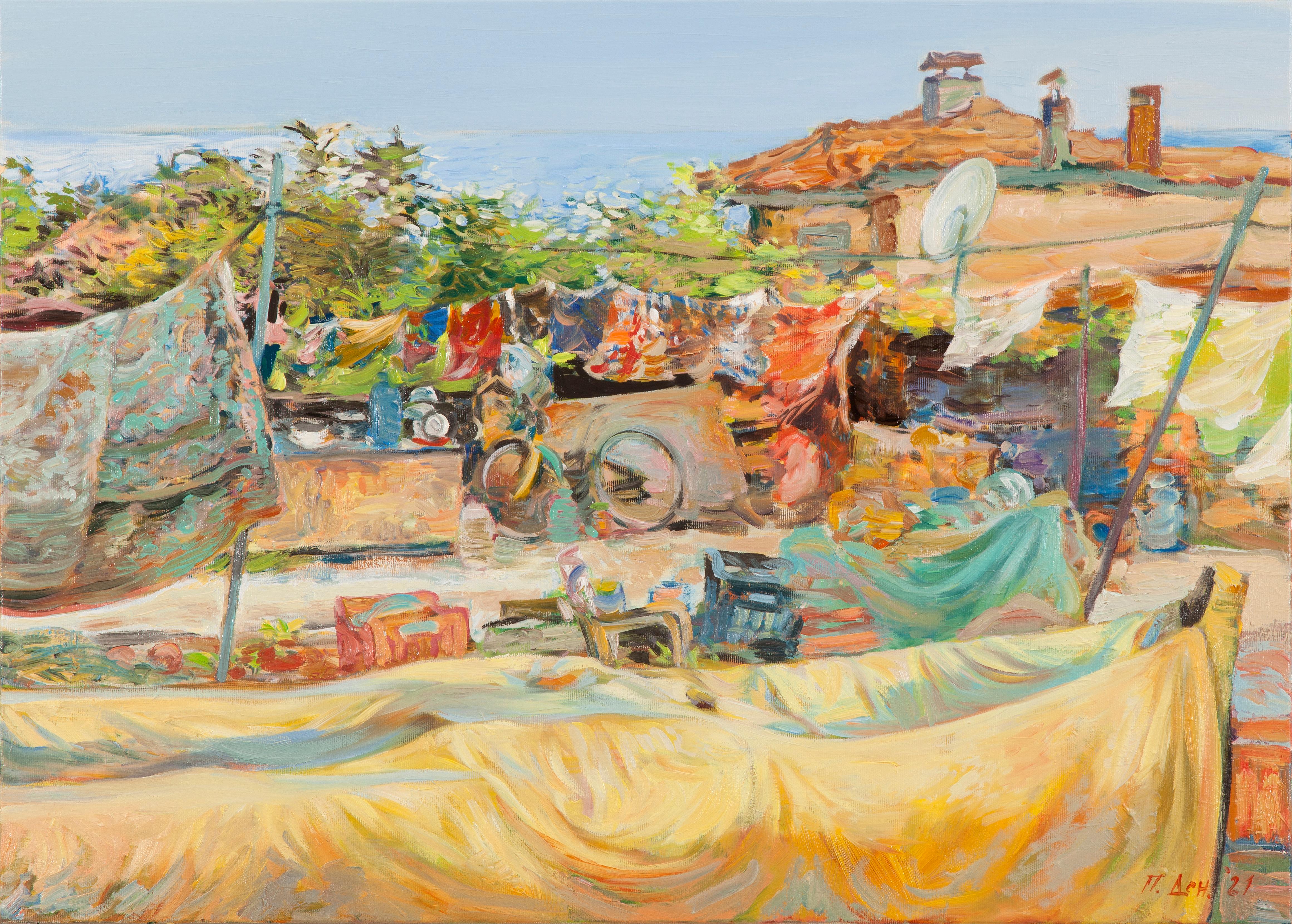 Landscape Painting Petya Deneva - The Fisherman's Home - Peinture à l'huile Rouge Orange Vert Bleu Blanc Jaune Brown