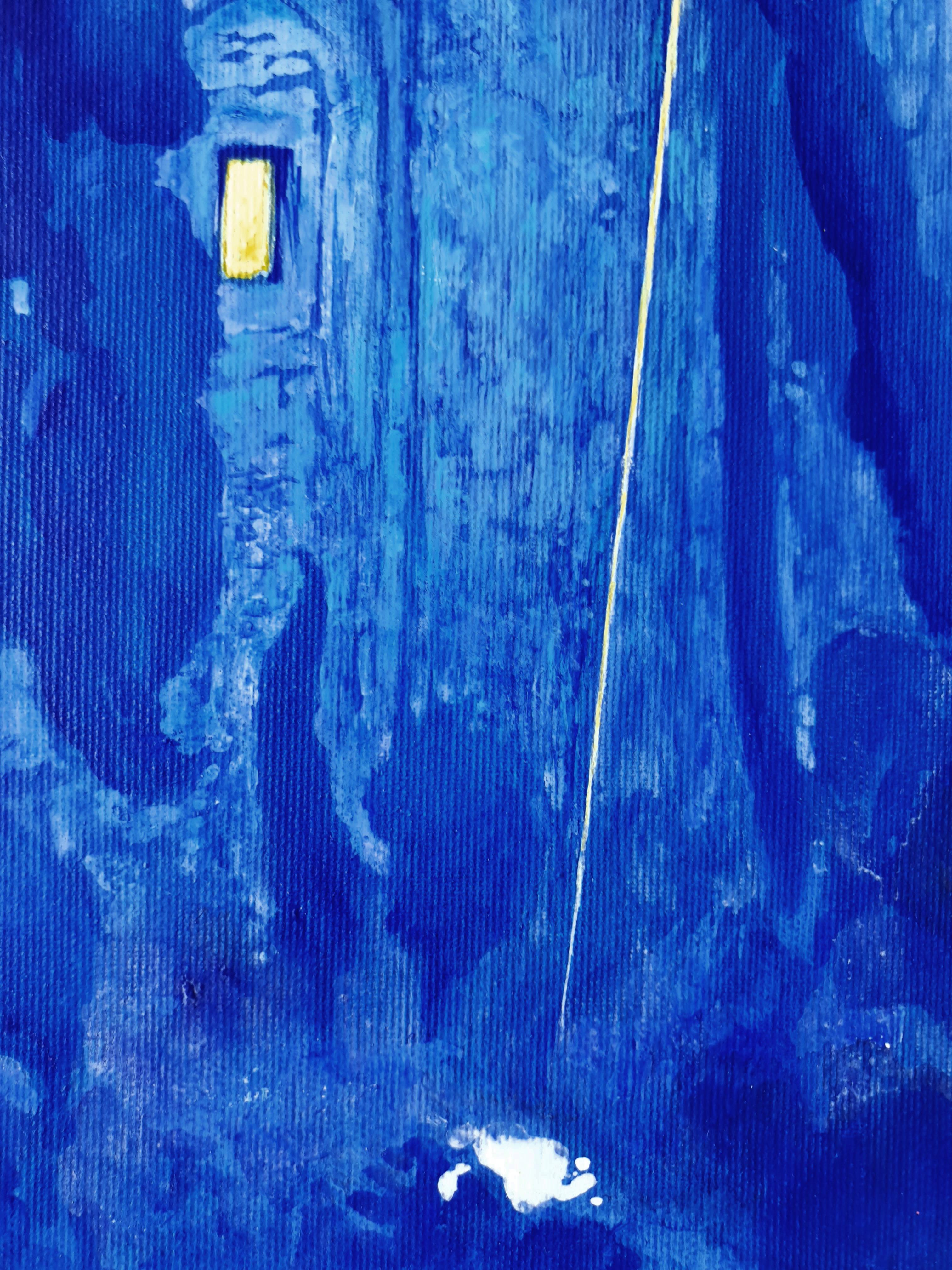 Awakening - Peinture technique mixte couleurs bleu, blanc et jaune  - Abstrait Painting par Petya Deneva