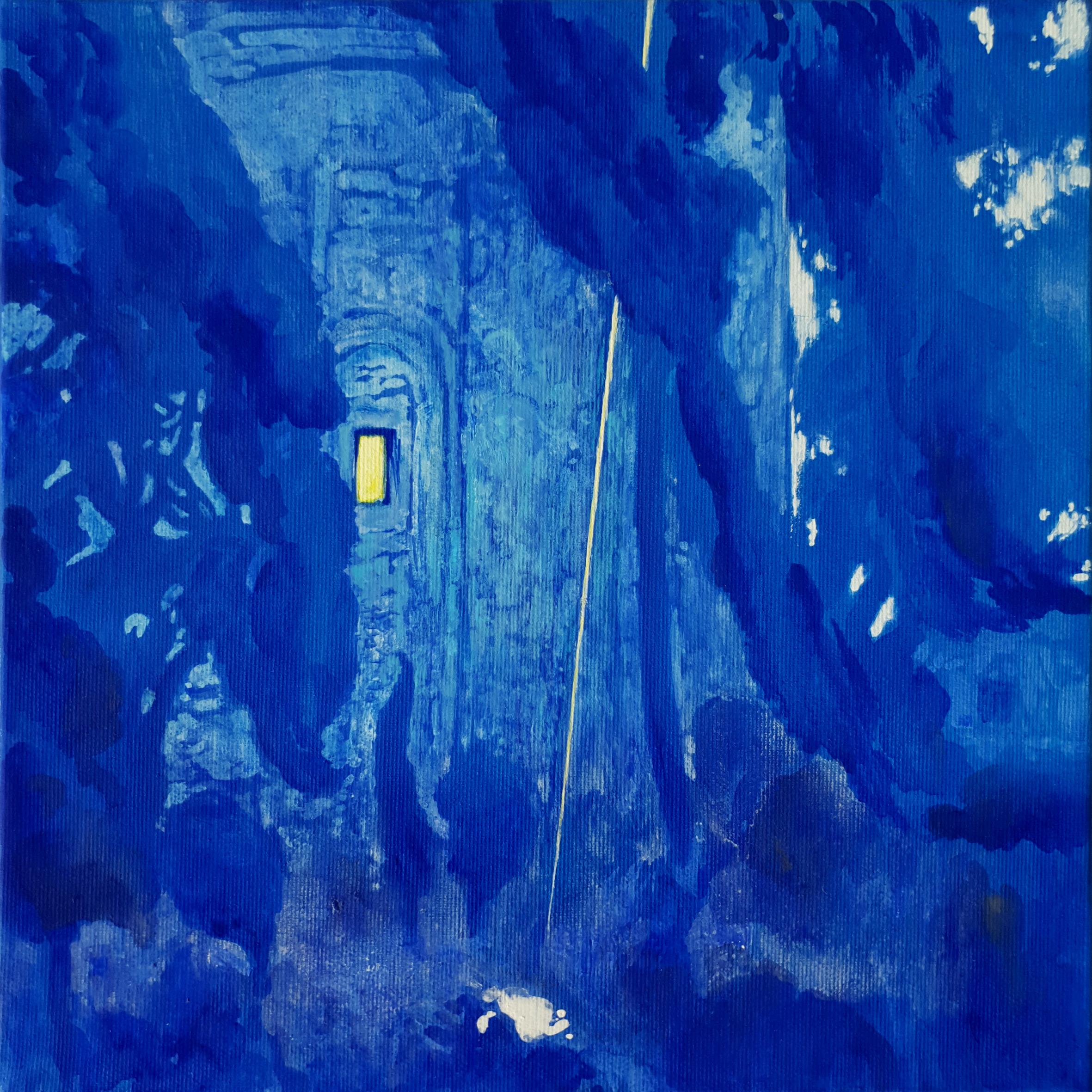 Abstract Painting Petya Deneva - Awakening - Peinture technique mixte couleurs bleu, blanc et jaune 