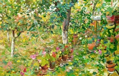 Garden Of Joy - Peinture à l'huile rouge, orange, vert, bleu, blanc, jaune et brun