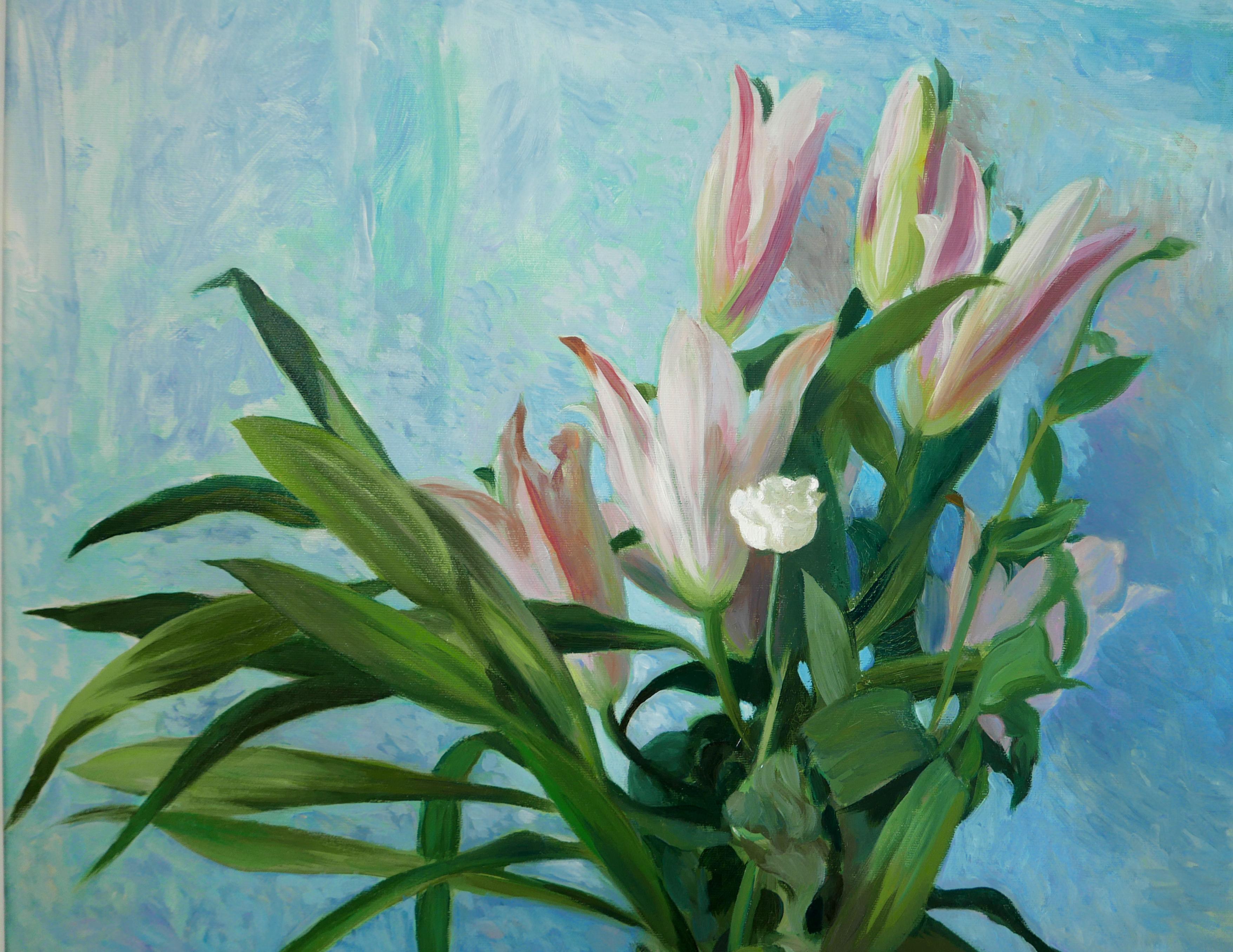 In The Wild World Of The White Flower – Ölgemälde in Weiß, Grün, Rosa und Blau – Painting von Petya Deneva