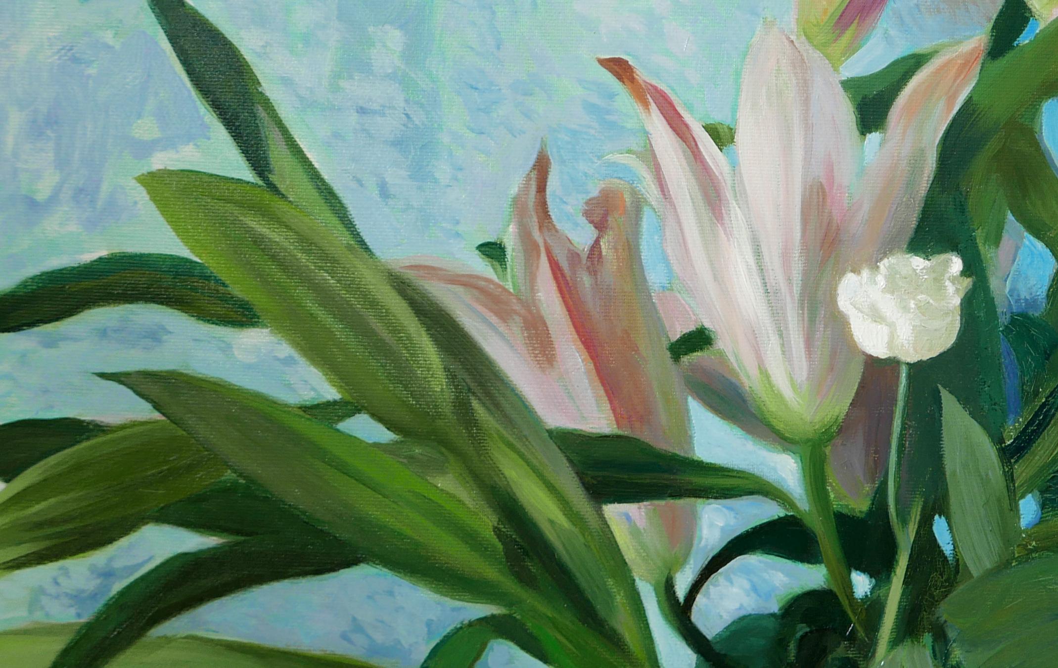 Dans le monde sauvage de la fleur blanche - peinture à l'huile blanc vert rose bleu - Impressionnisme Painting par Petya Deneva