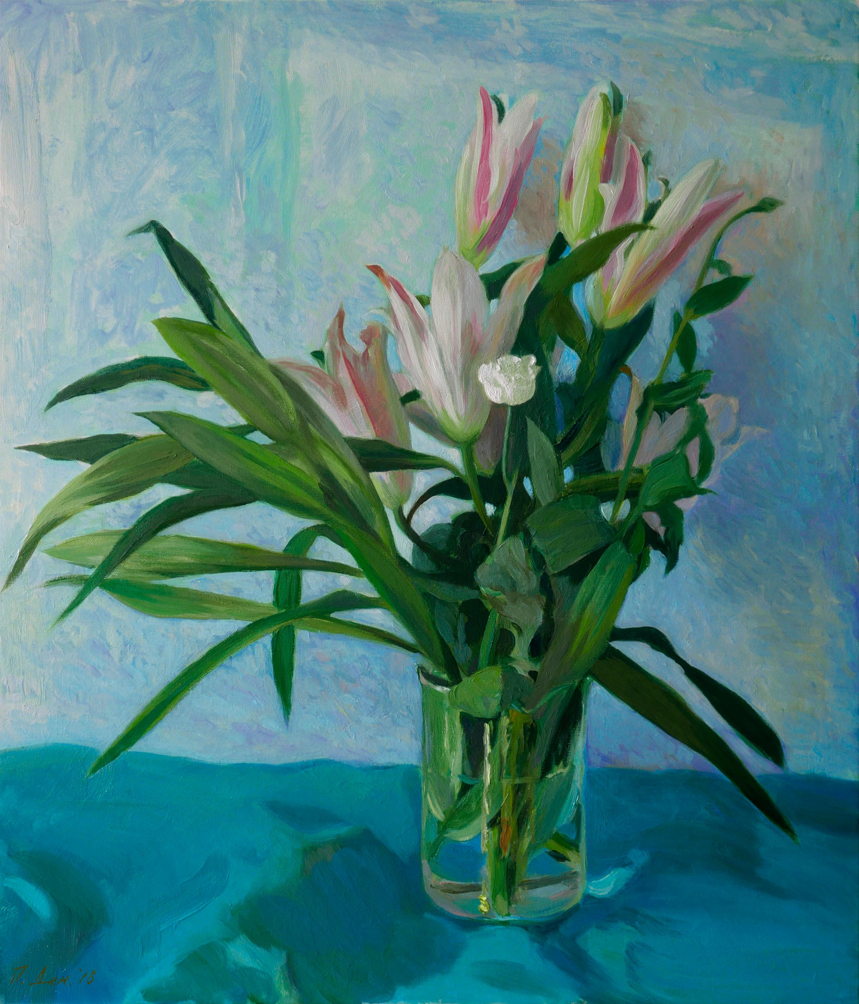 Petya Deneva Landscape Painting – In The Wild World Of The White Flower – Ölgemälde in Weiß, Grün, Rosa und Blau