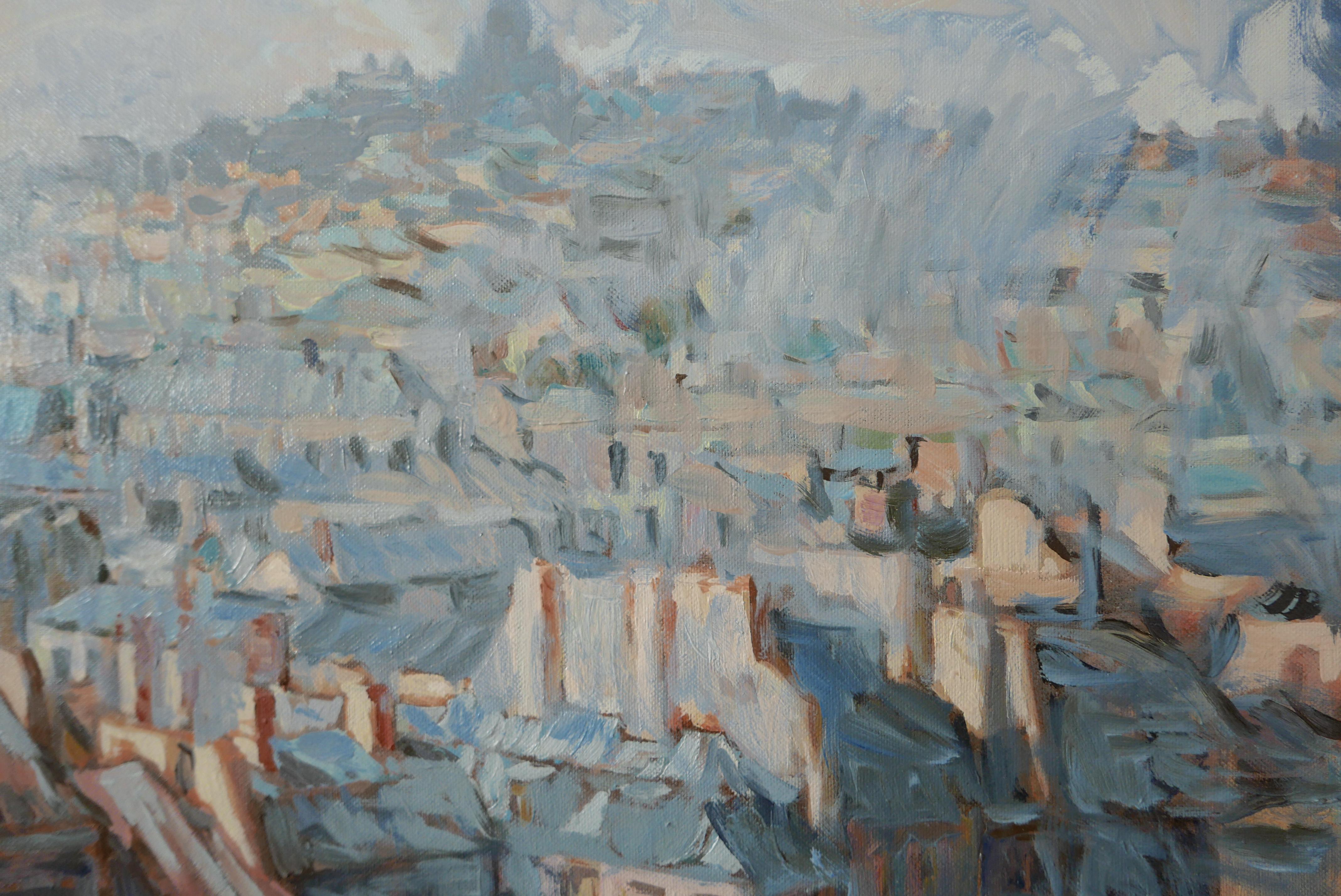 Paris dans les nuages - Peinture à l'huile Couleurs Blanc Jaune Bleu Brown Vert - Impressionnisme Painting par Petya Deneva