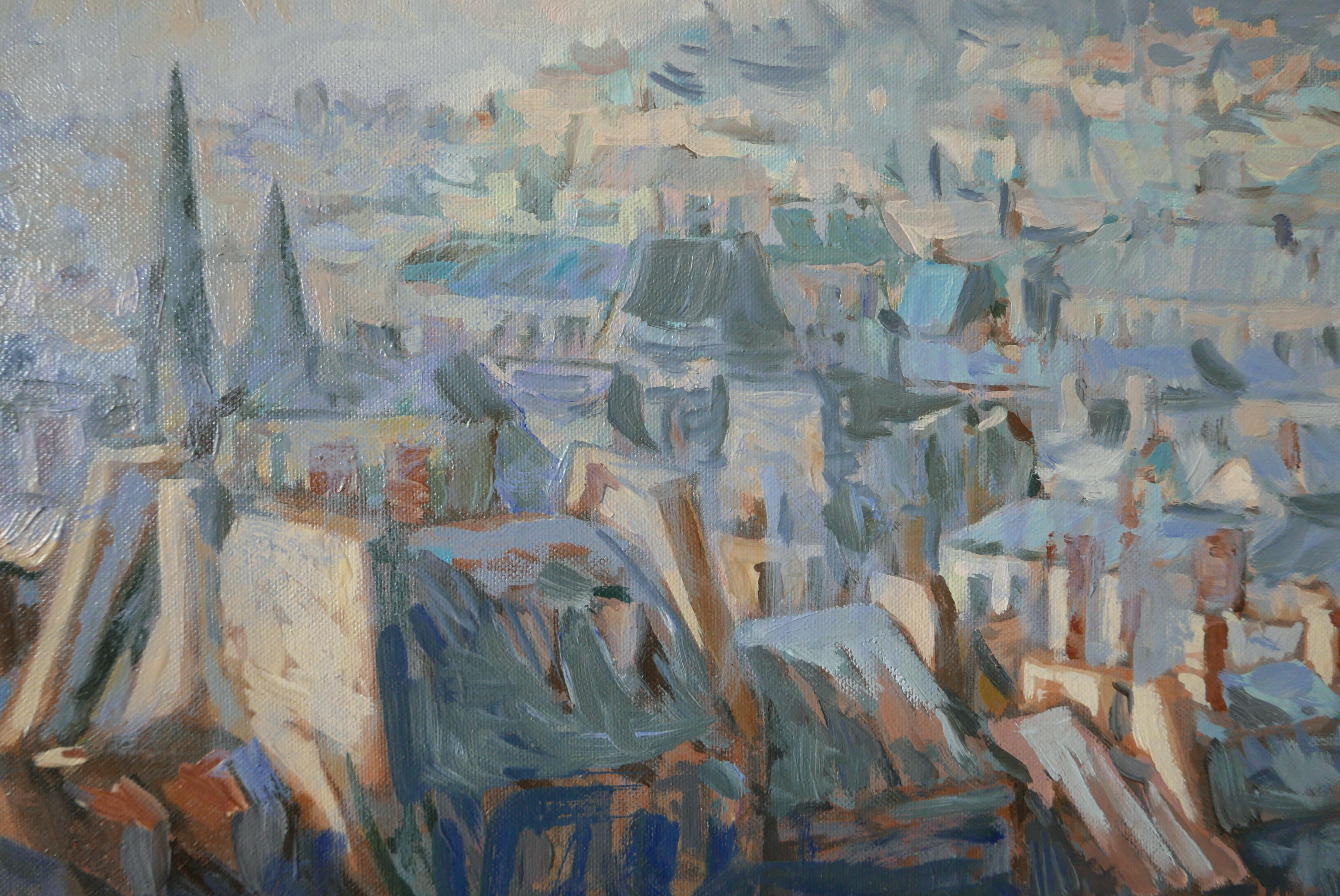 Paris dans les nuages - Peinture à l'huile Couleurs Blanc Jaune Bleu Brown Vert - Gris Landscape Painting par Petya Deneva