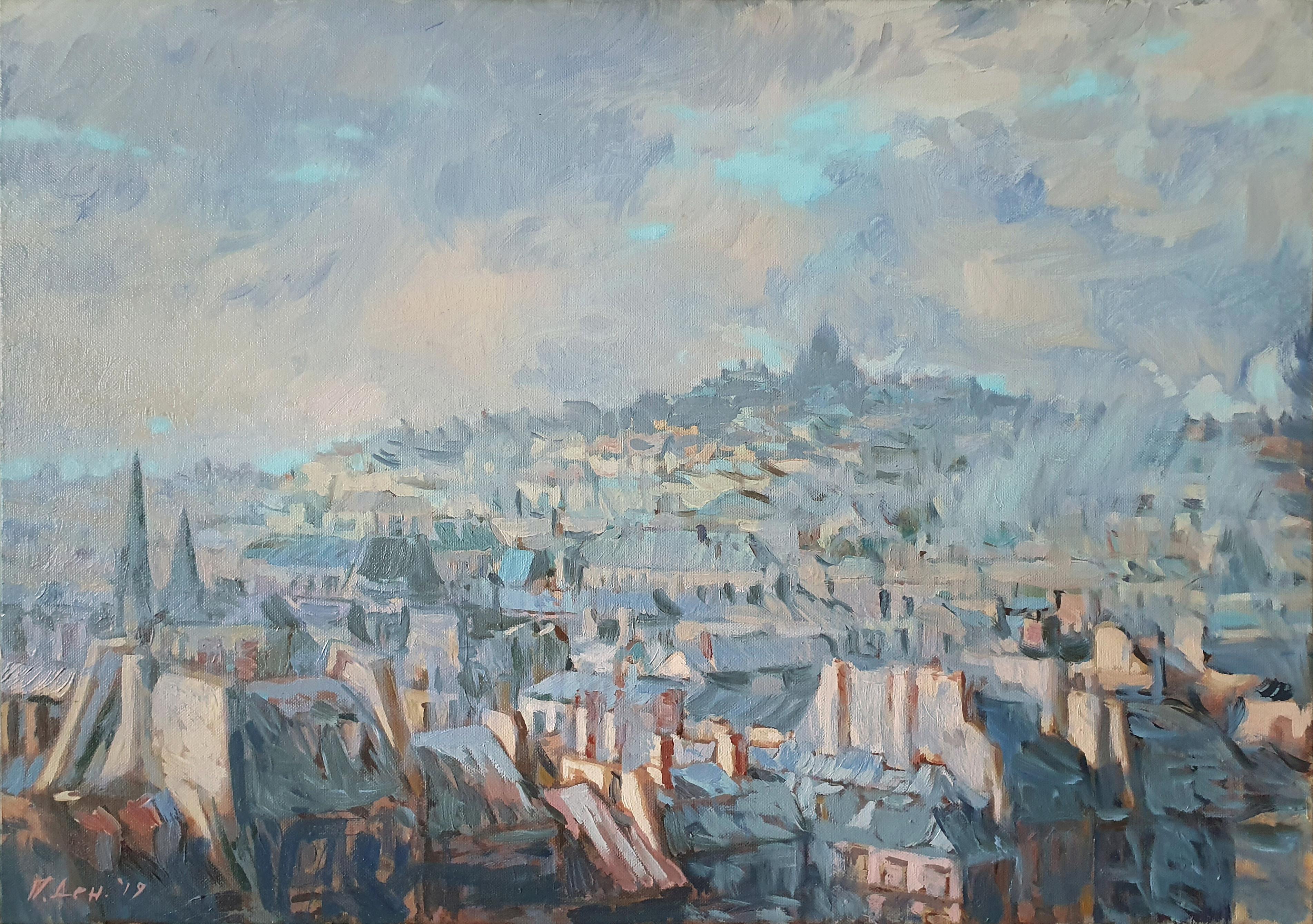 Landscape Painting de Petya Deneva - París en las nubes - Pintura al óleo Colores Blanco Amarillo Azul Marrón Verde
