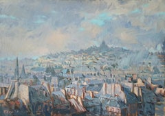 Paris dans les nuages - Peinture à l'huile Couleurs Blanc Jaune Bleu Brown Vert