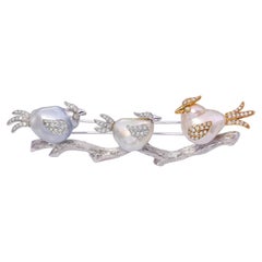 Pevtra 18k Two Tone Gold Pearl and Diamond "Birds on a Branch" Brooch
