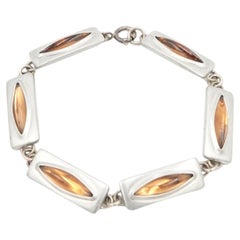 Jorgen Jensen 1950s Pewter Link Bracelet with Amber Glass Cabochons