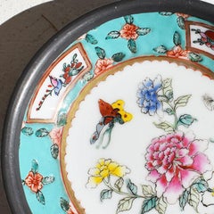 Pewter and Ceramic Famille Rose Chinoiserie Dish with Flowers and Butterflies