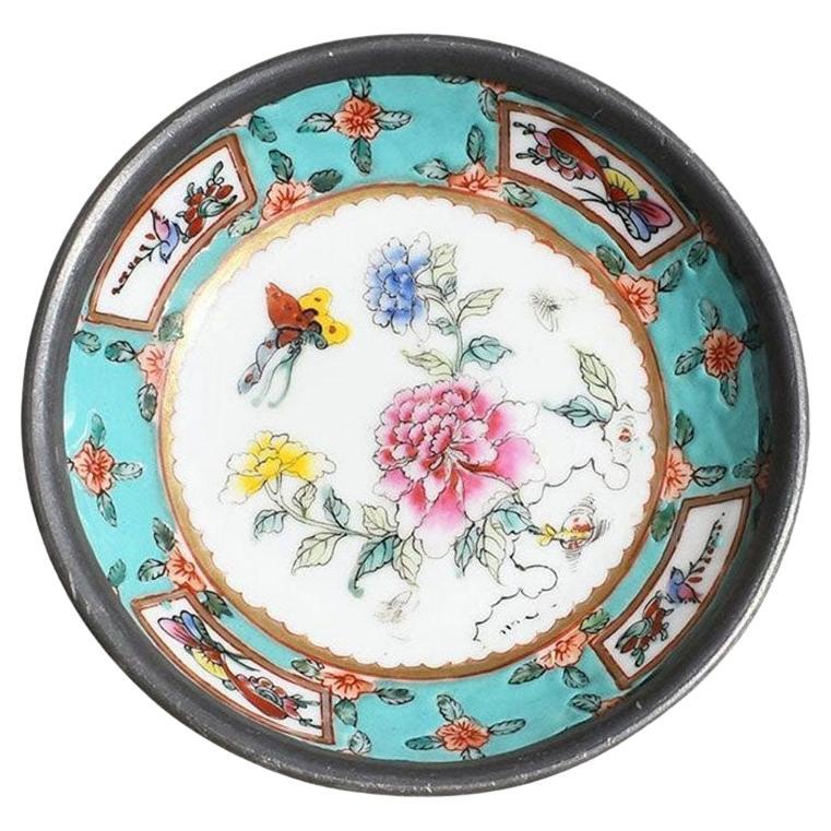 Pewter and Ceramic Famille Rose Chinoiserie Dish with Flowers and Butterflies For Sale