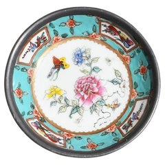 Pewter and Ceramic Famille Rose Chinoiserie Dish with Flowers and Butterflies