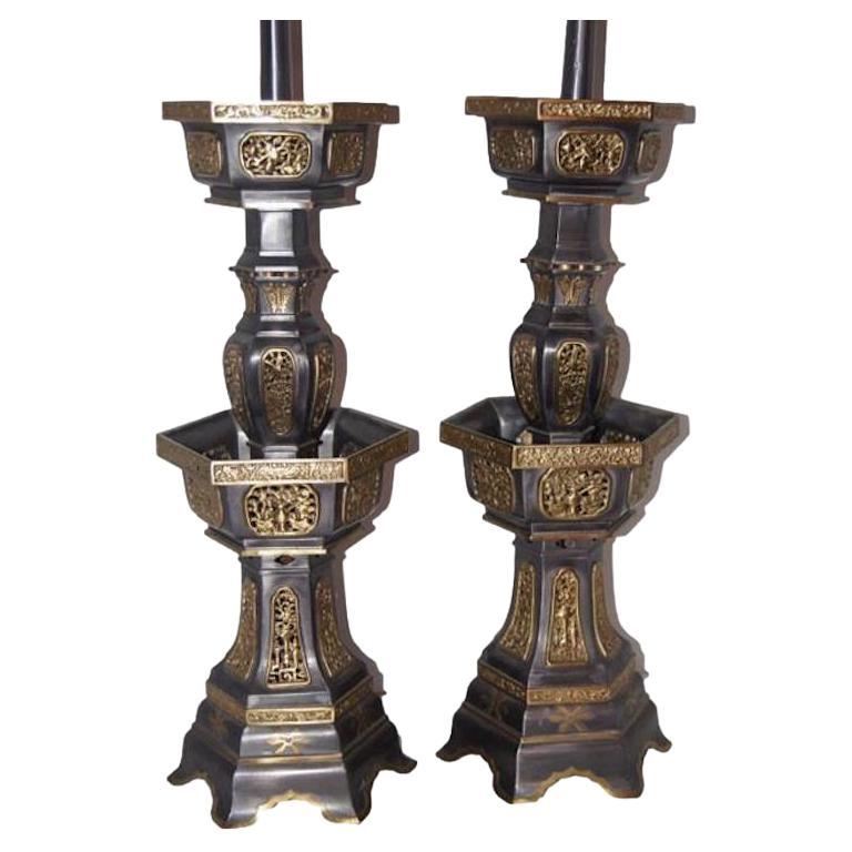 Pewter and Gilt Chinese Temple Lamps For Sale