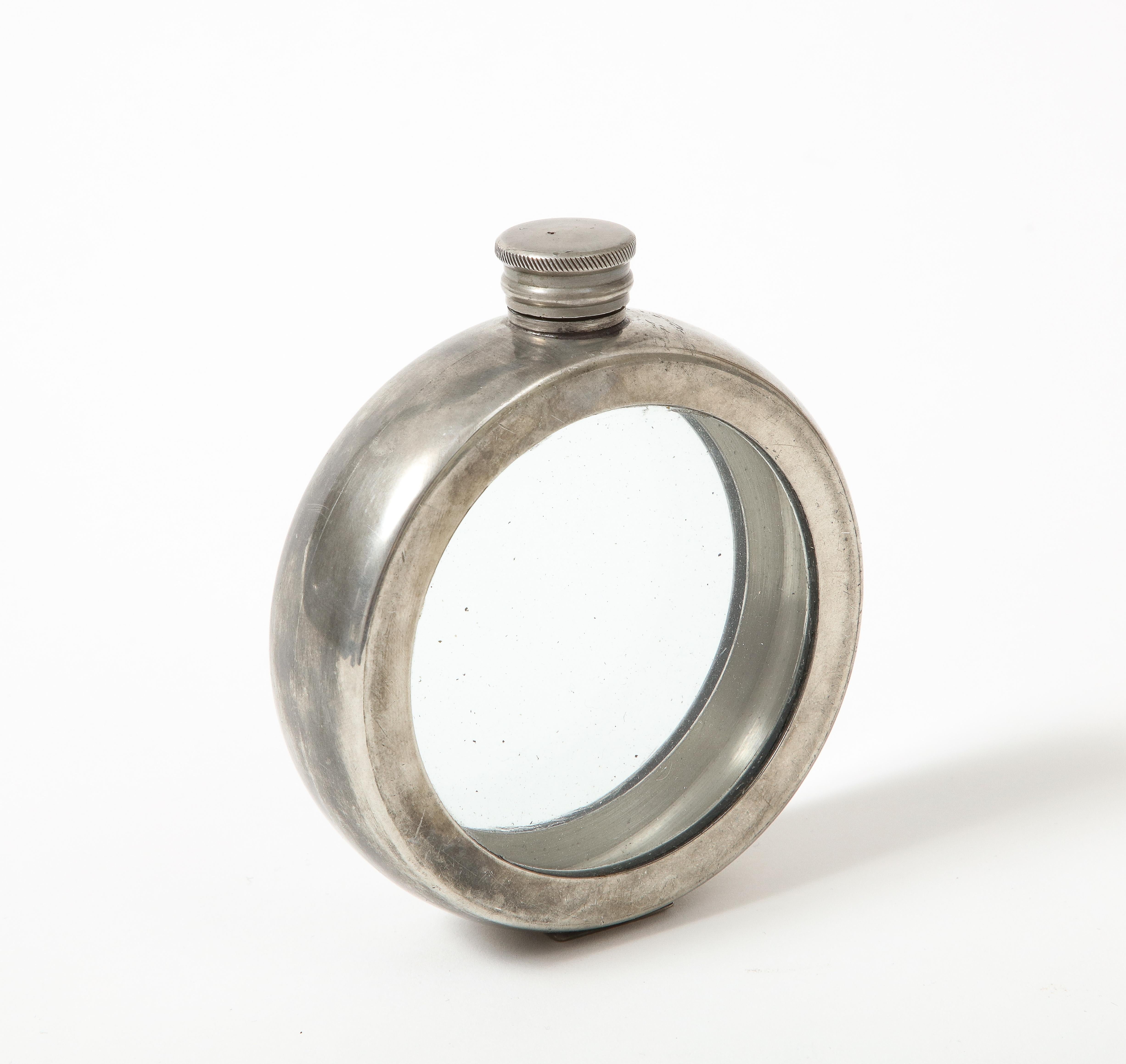 Modern Pewter and Glass Flask, England, 20th C.