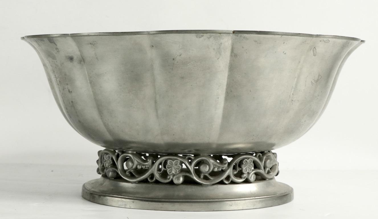 Art Deco style pewter centerpiece bowl recast from original bowl by Just Andersen. This example is a later copy of the original, by Selangor Pewter. Made in Denmark, fully and correctly marked.