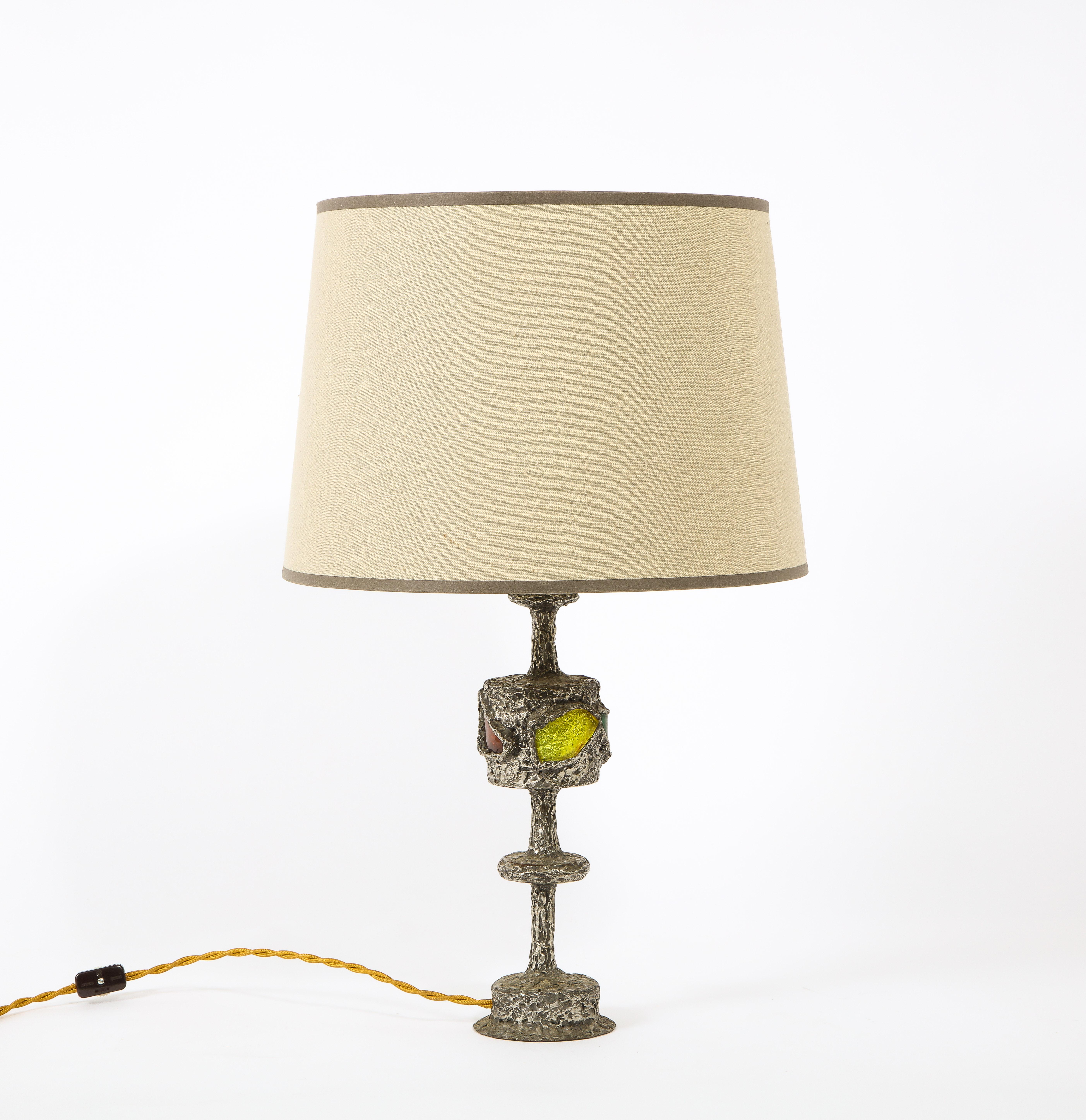 Mid-Century Modern Pewter & Art Glass Table Lamp by R. Trameau, France, 1960's For Sale