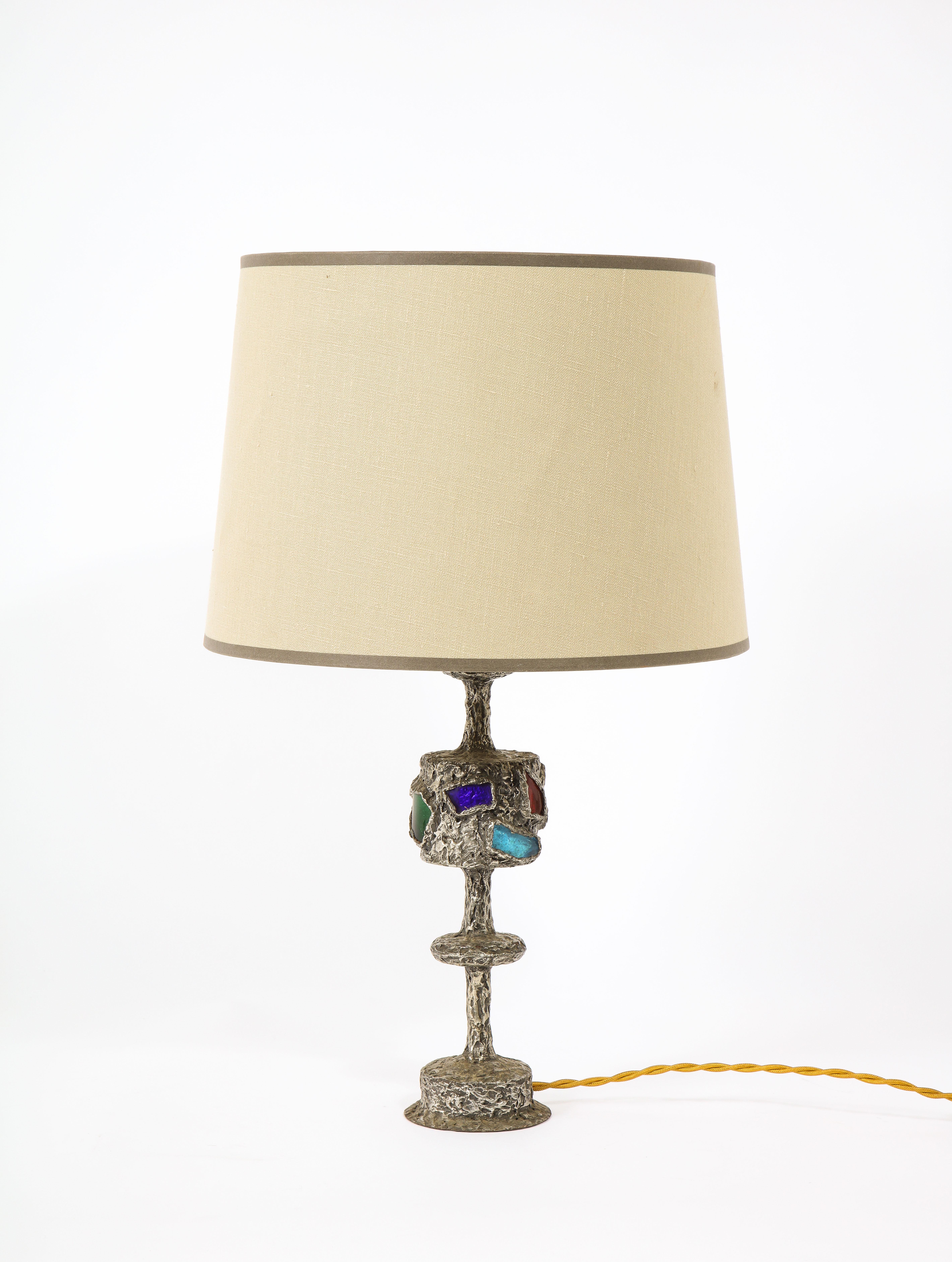 Pewter & Art Glass Table Lamp by R. Trameau, France, 1960's In Good Condition For Sale In New York, NY