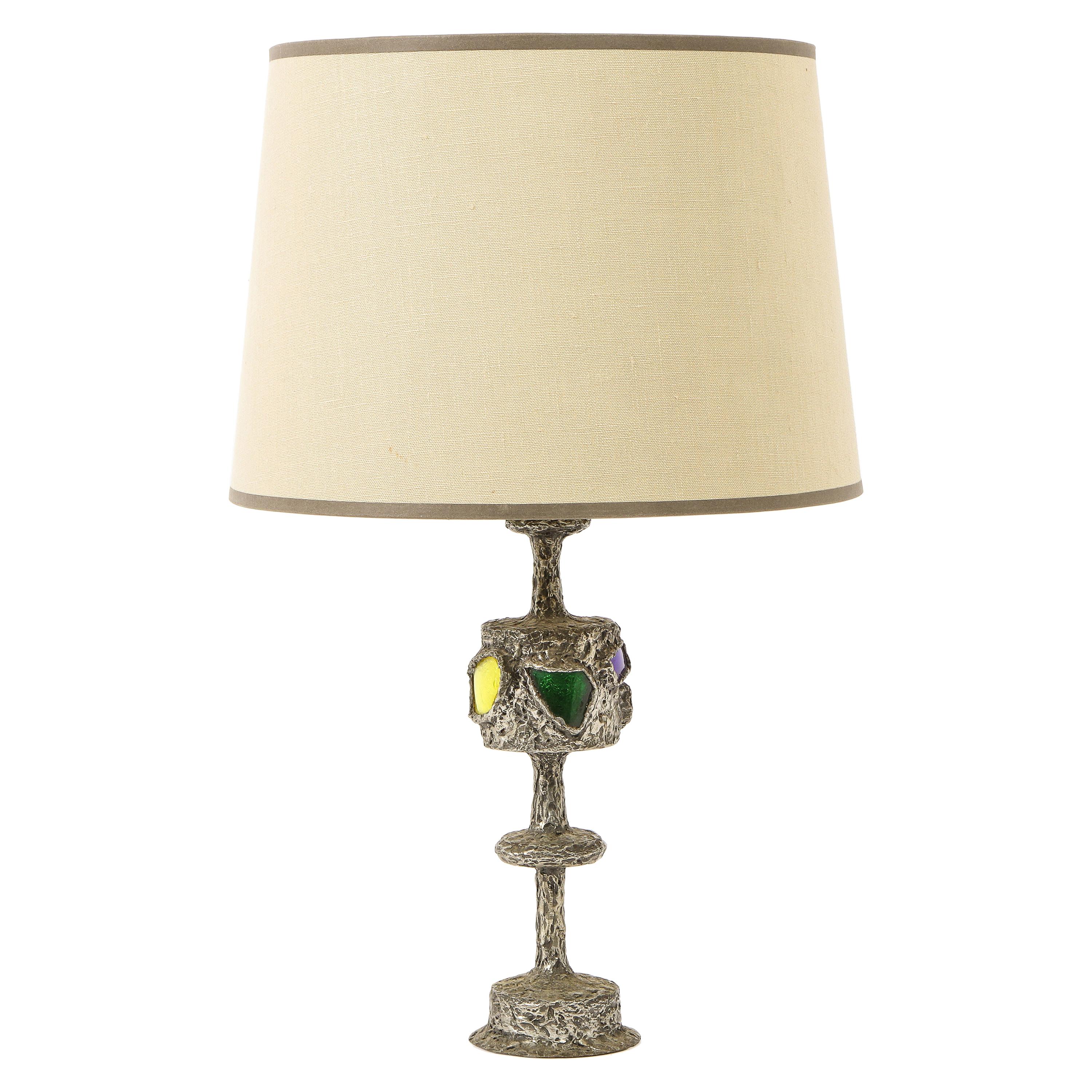 Pewter & Art Glass Table Lamp by R. Trameau, France, 1960's For Sale
