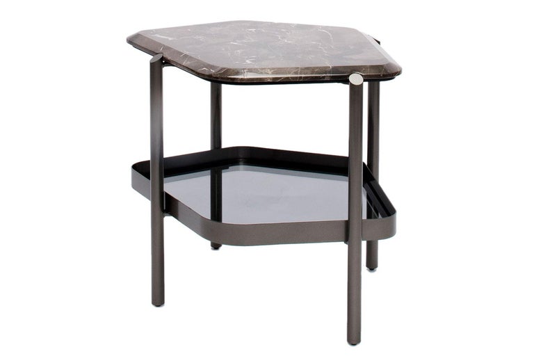 Modern Pewter Base with Brown Marble Top Gem Shaped Side Table, Giorgetti