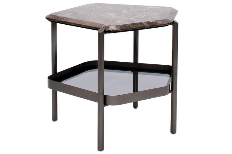 Italian Pewter Base with Brown Marble Top Gem Shaped Side Table, Giorgetti