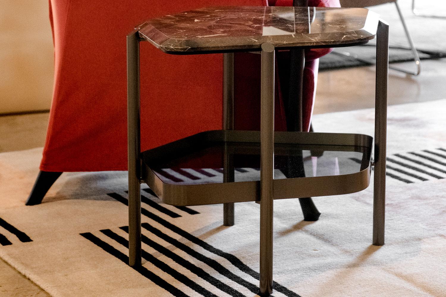Polished Pewter Base with Brown Marble Top Gem Shaped Side Table, Giorgetti