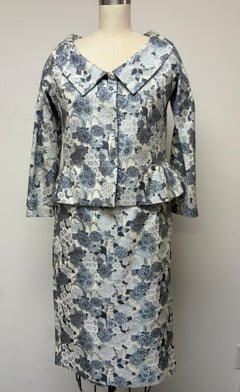 Pewter, Blue, Black, and White Original Floral Skirt Suit