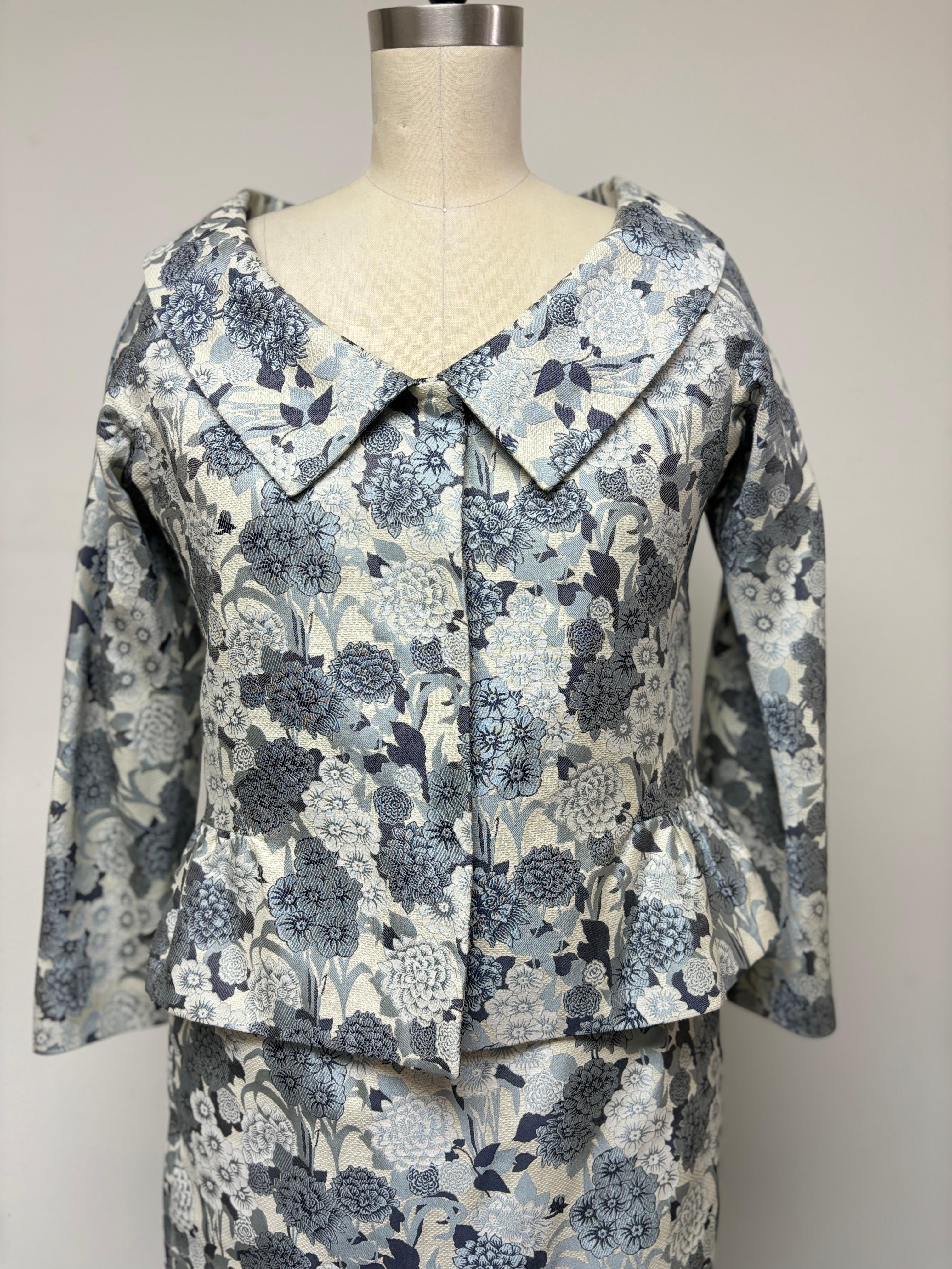 Gray Pewter, Blue, Black, and White Original Floral Skirt Suit For Sale