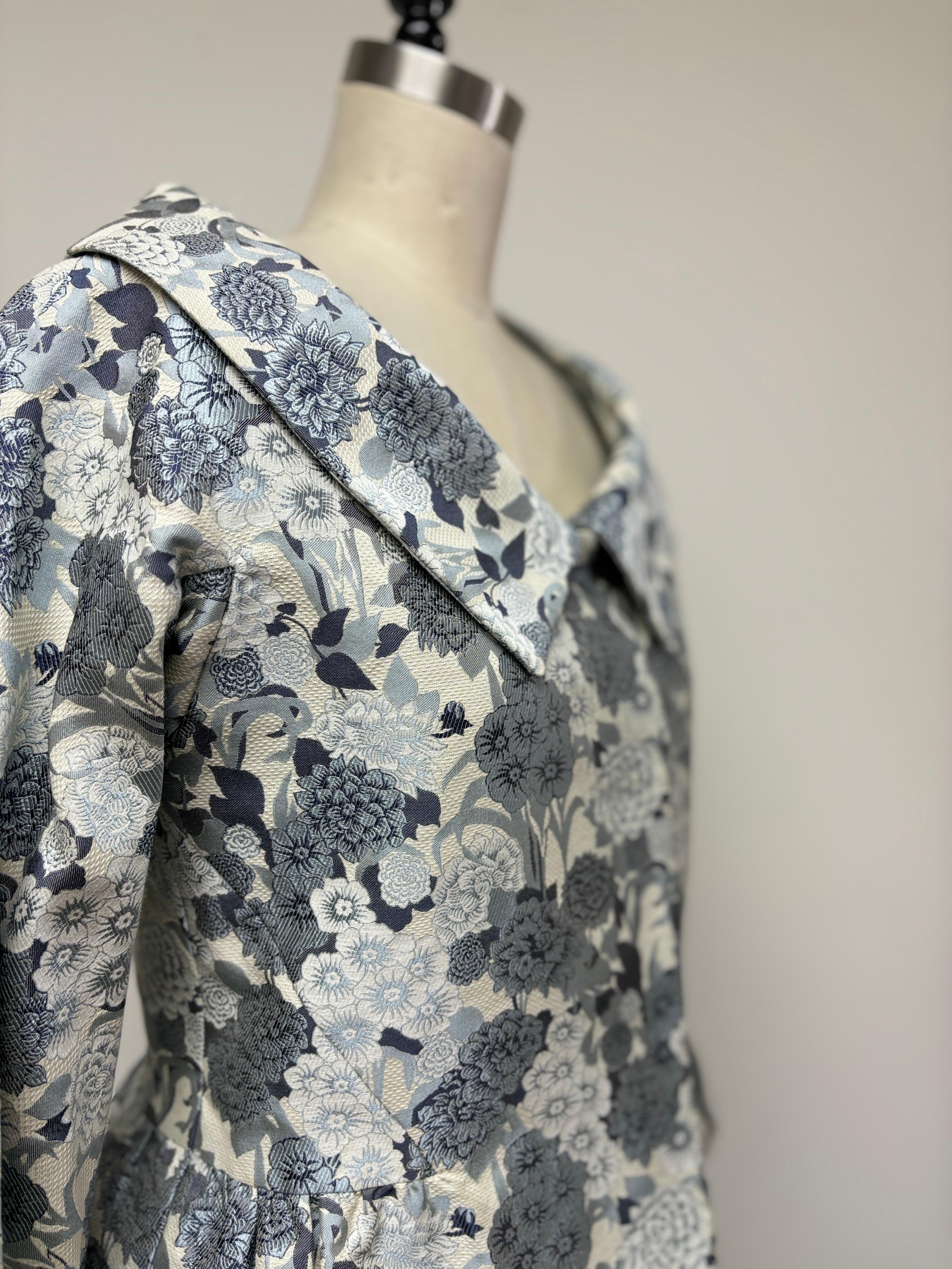 Women's Pewter, Blue, Black, and White Original Floral Skirt Suit For Sale