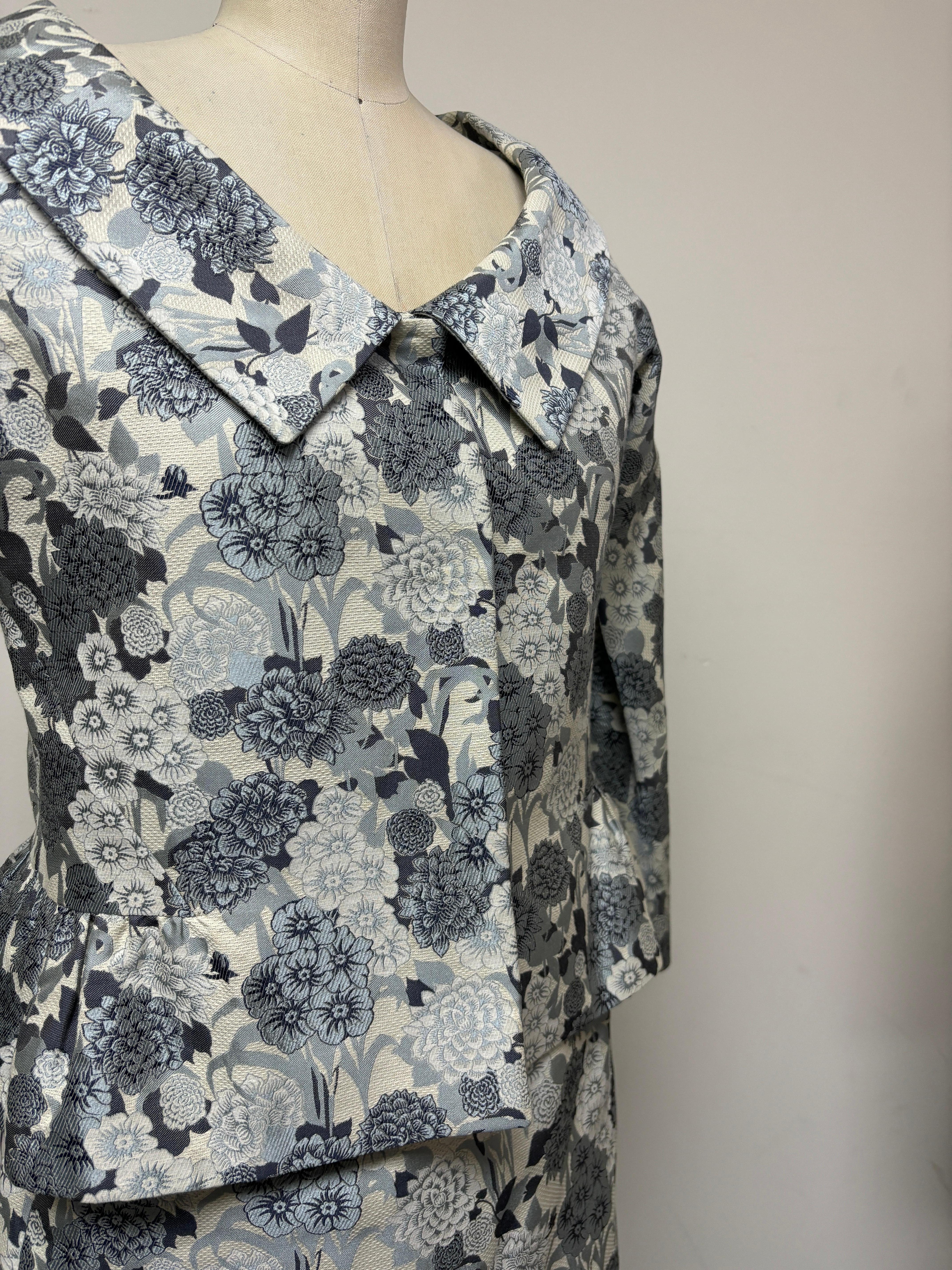 Pewter, Blue, Black, and White Original Floral Skirt Suit For Sale 1