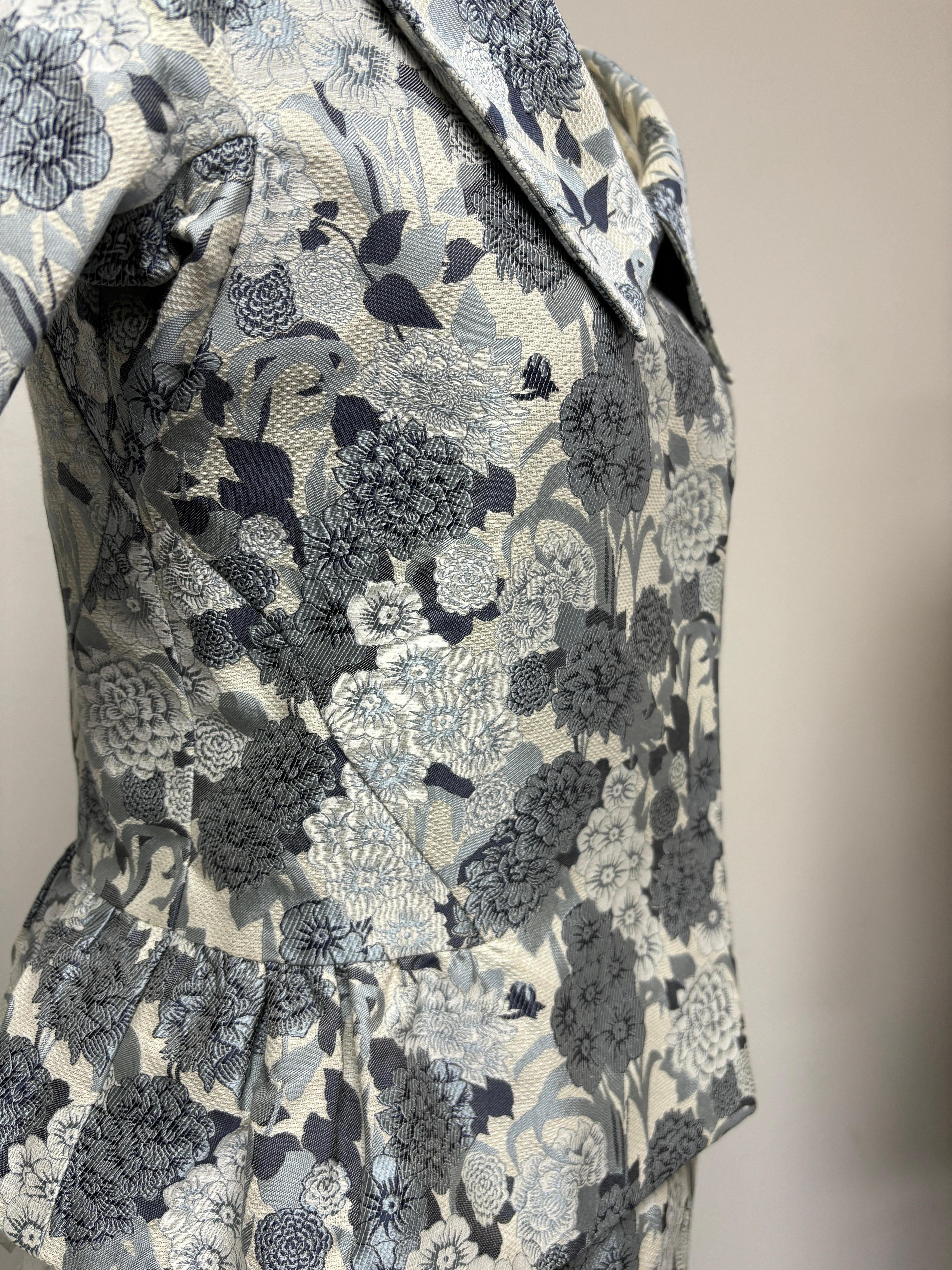 Pewter, Blue, Black, and White Original Floral Skirt Suit For Sale 2