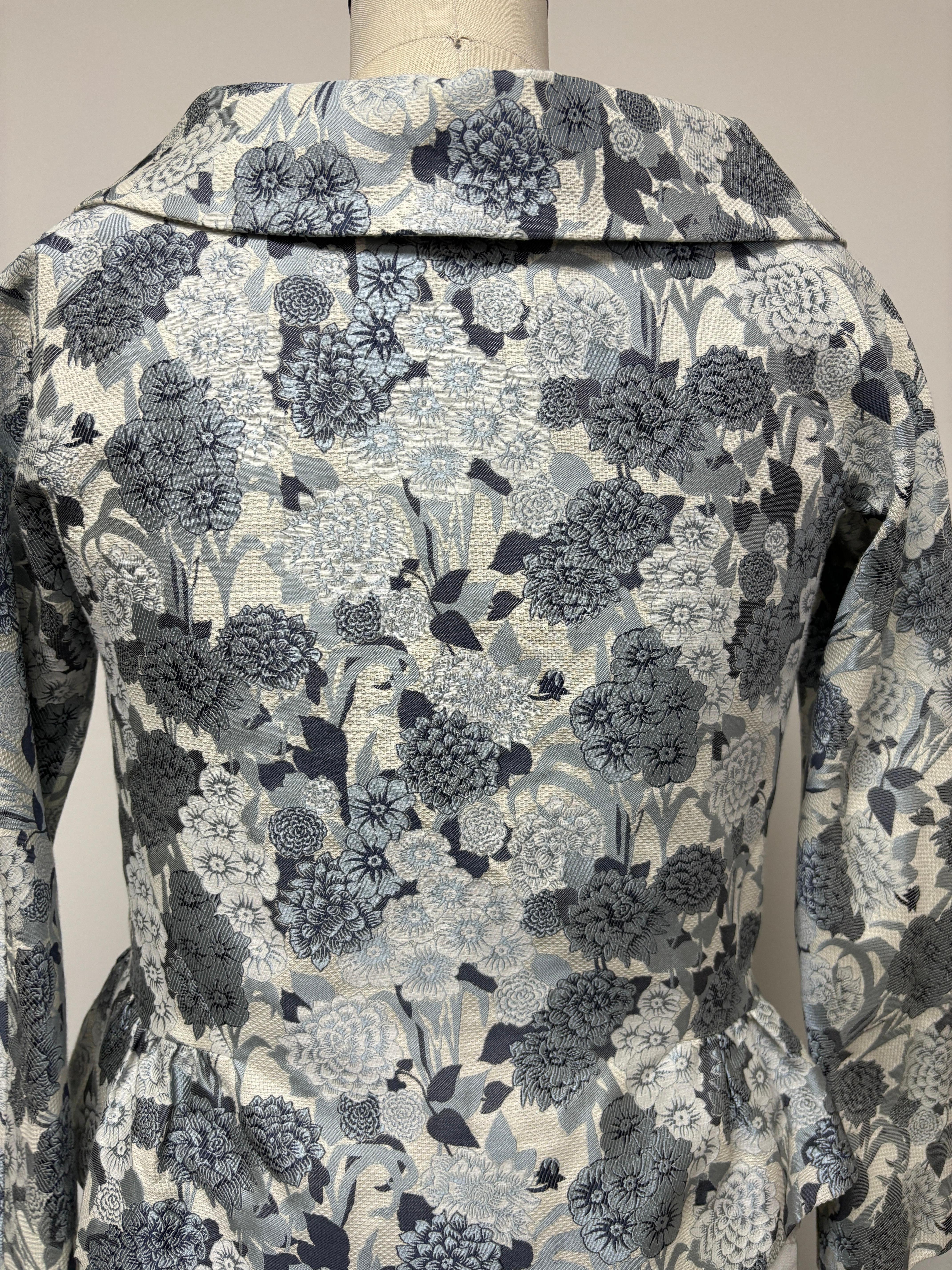 Pewter, Blue, Black, and White Original Floral Skirt Suit For Sale 3