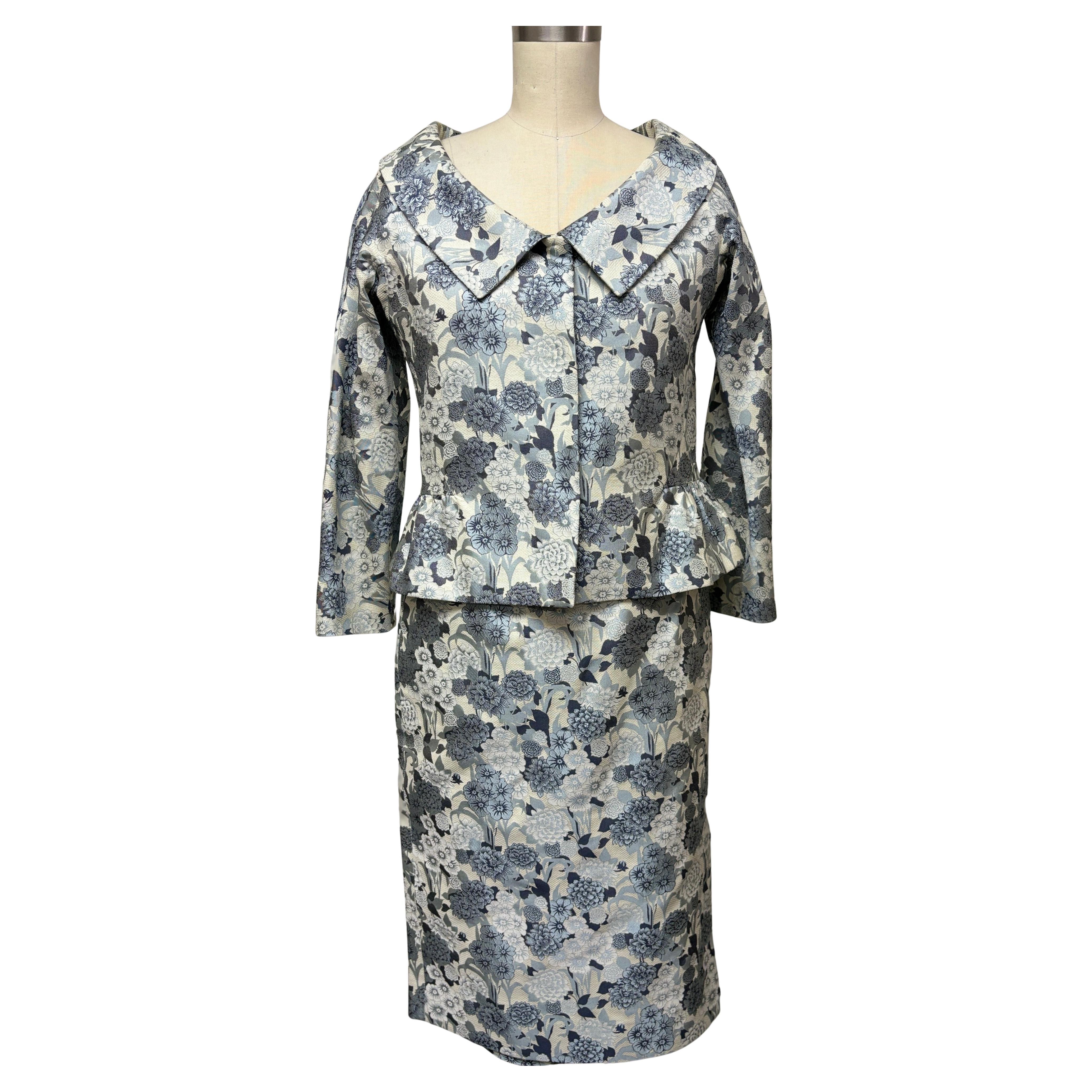 Pewter, Blue, Black, and White Original Floral Skirt Suit For Sale