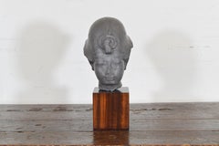 Pewter Bust of Queen Nefertiti of Egypt on Macassar Wood Pedestal