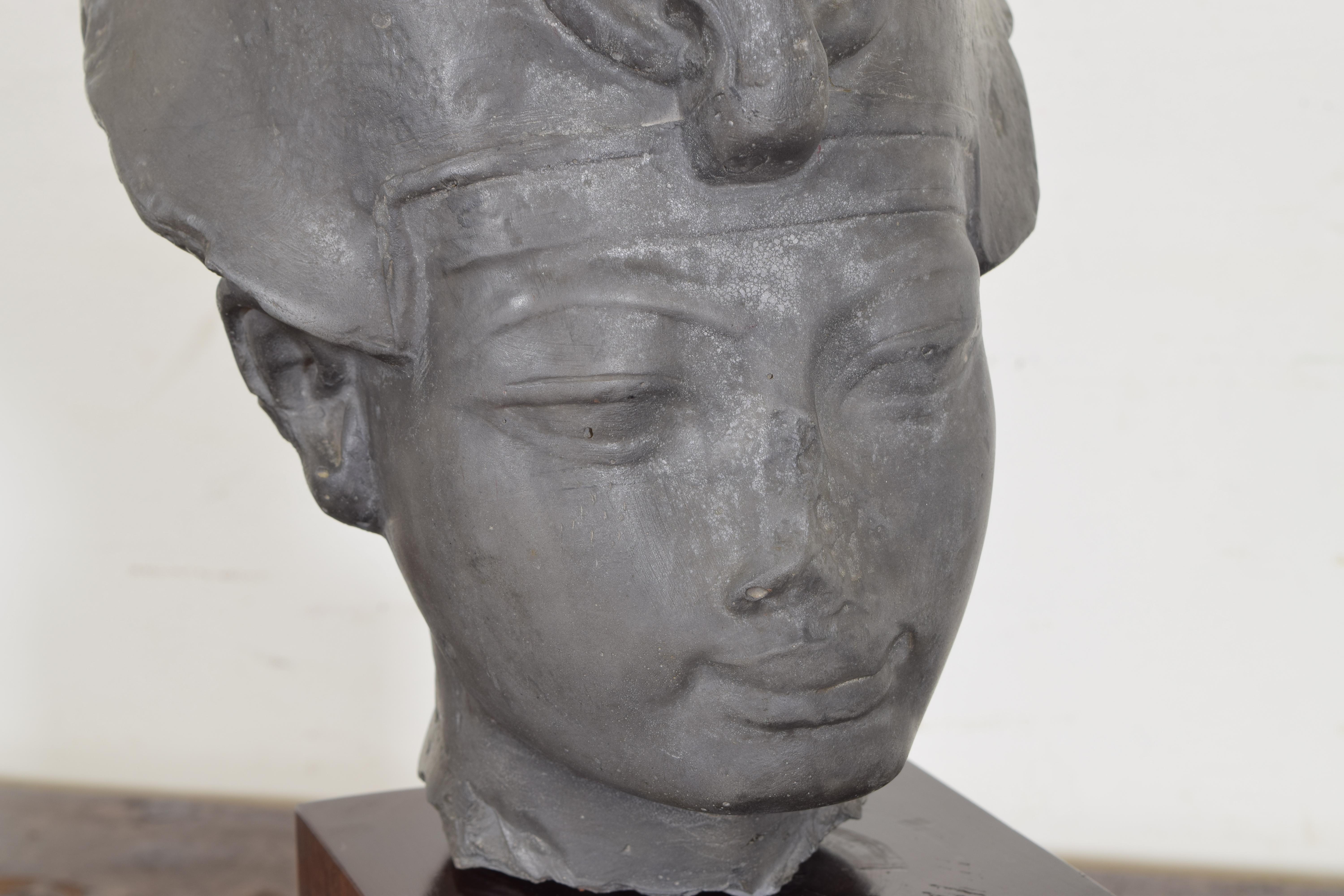 Late 19th Century Pewter Bust of Queen Nefertiti of Egypt on Macassar Wood Pedestal