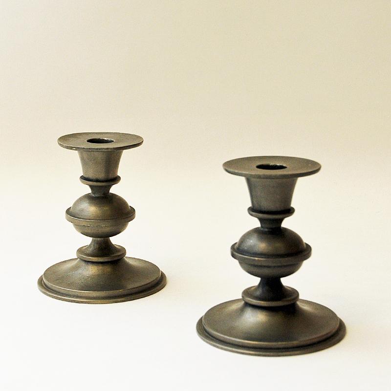 Swedish Pewter Candle Holder Pair by Edvin Ollers, Sweden 1947