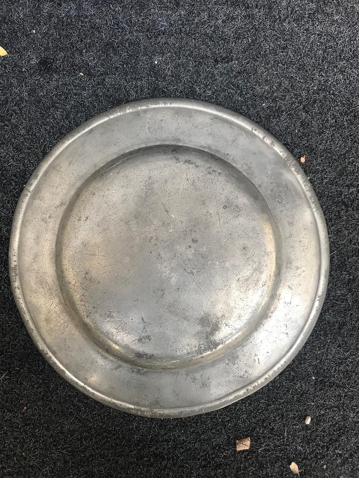 Pewter Charger with Crowned X Mark, Poss. Attributed to Henry Will of NY In Good Condition In Atlanta, GA