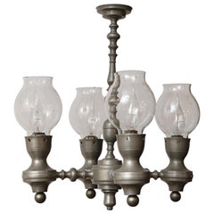 Pewter Colonial-Style Chandelier with Glass hurricanes in Country Style.