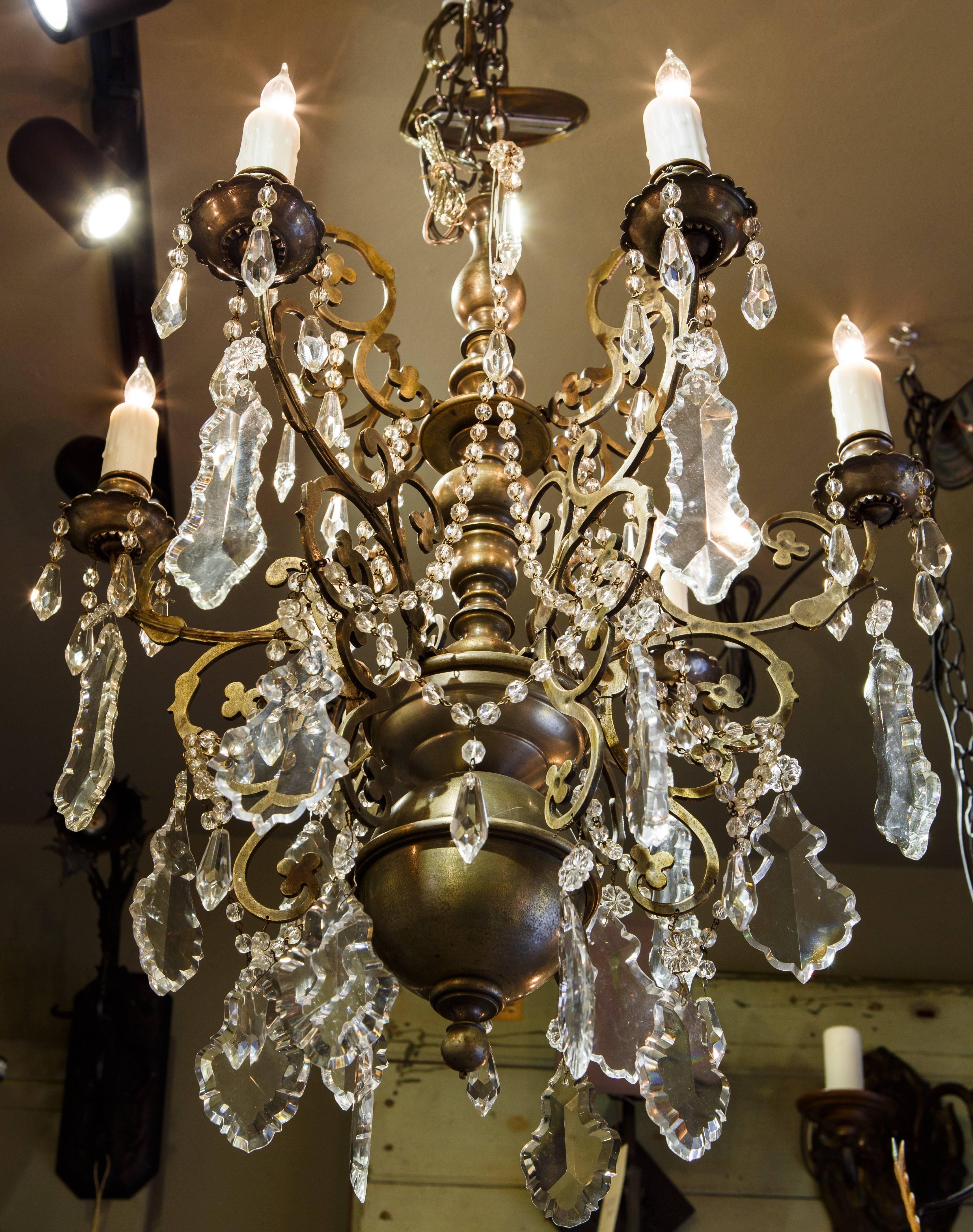 Pewter colored crystal chandelier with crystal drops and ropes. Newly rewired for use in the USA with all UL listed parts and six candelabra sockets.  Comes with matching chain and canopy.