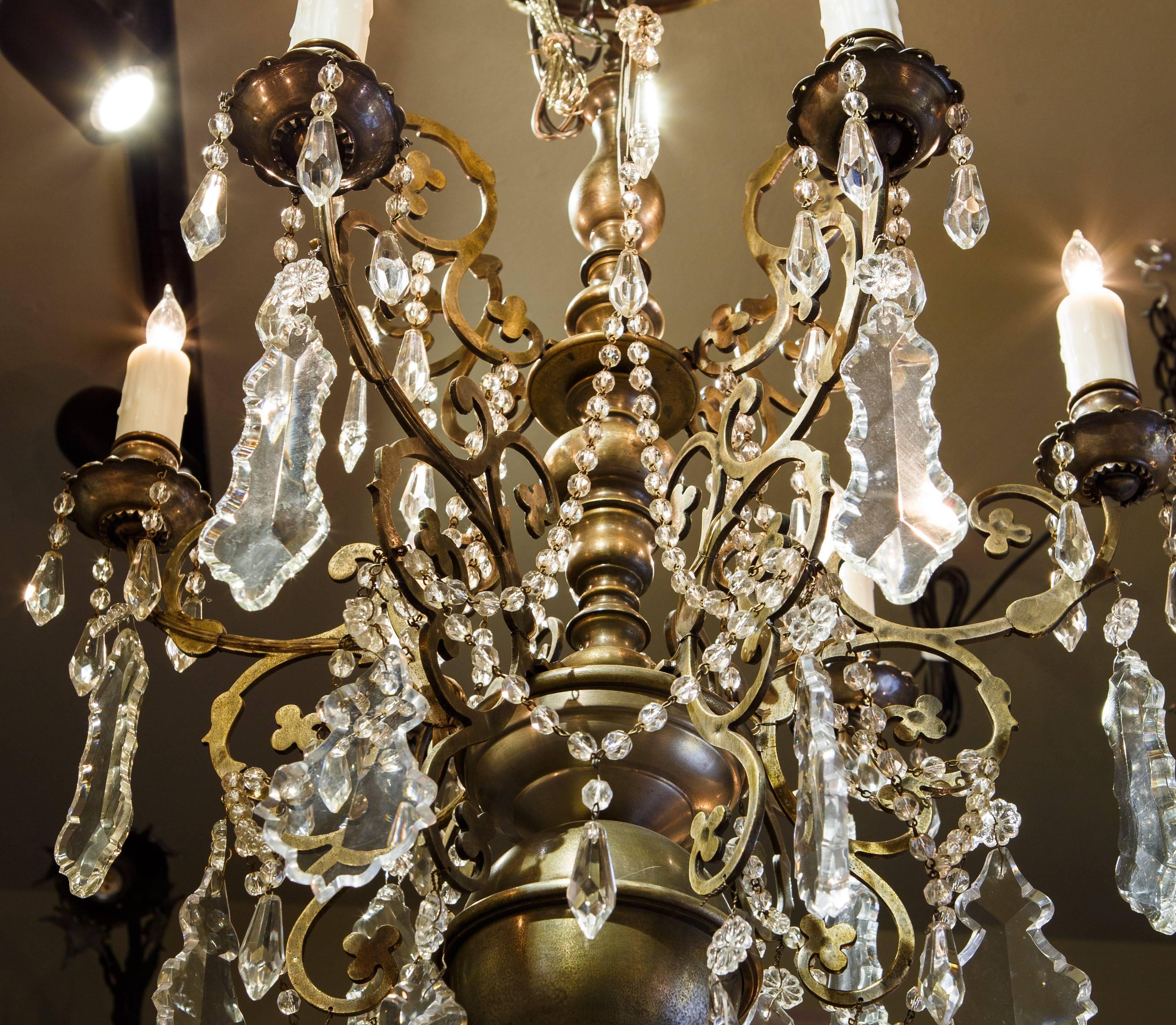 Hollywood Regency Pewter Colored Crystal Chandelier with Six Arms from Belgium, circa 1930
