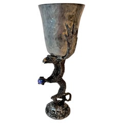 Vintage Pewter Dragon Goblet holding Blue Glass Ball and Hammered Vessel