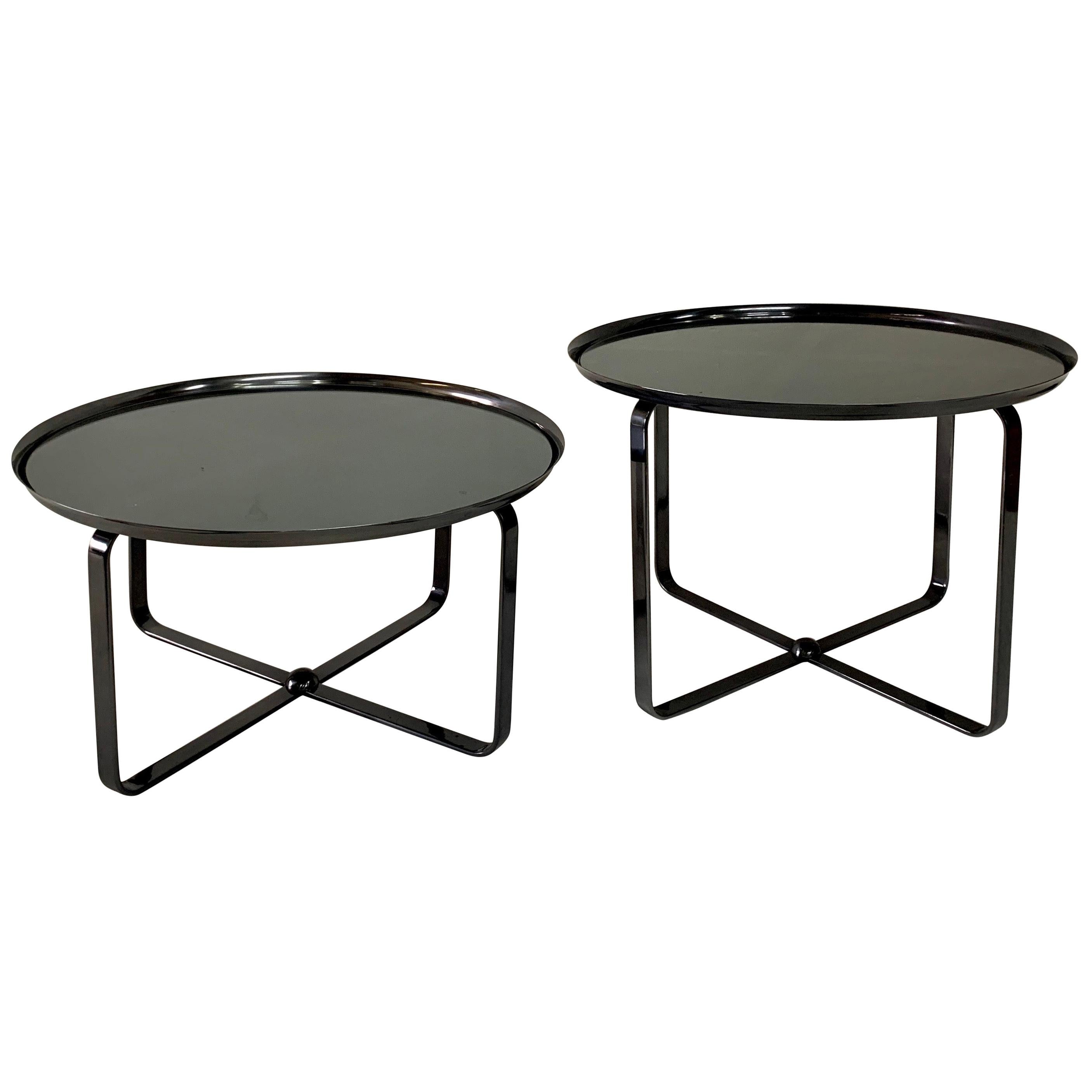 Pewter Finish Low Tiered Side Tables, Pair