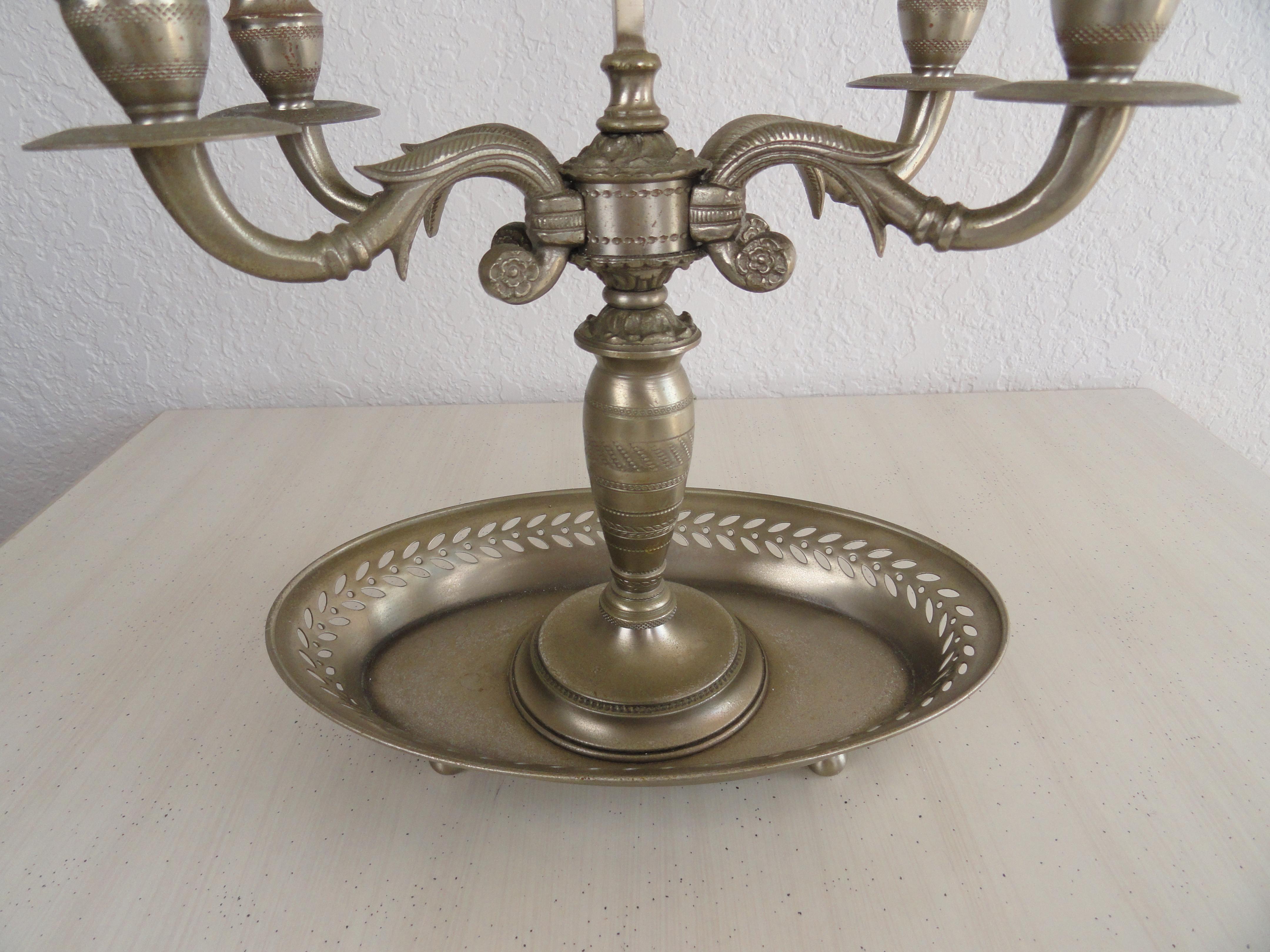 Neoclassical-style pewter French Bouillotte four-light lamp with adjustable metal shade. Newly wired.