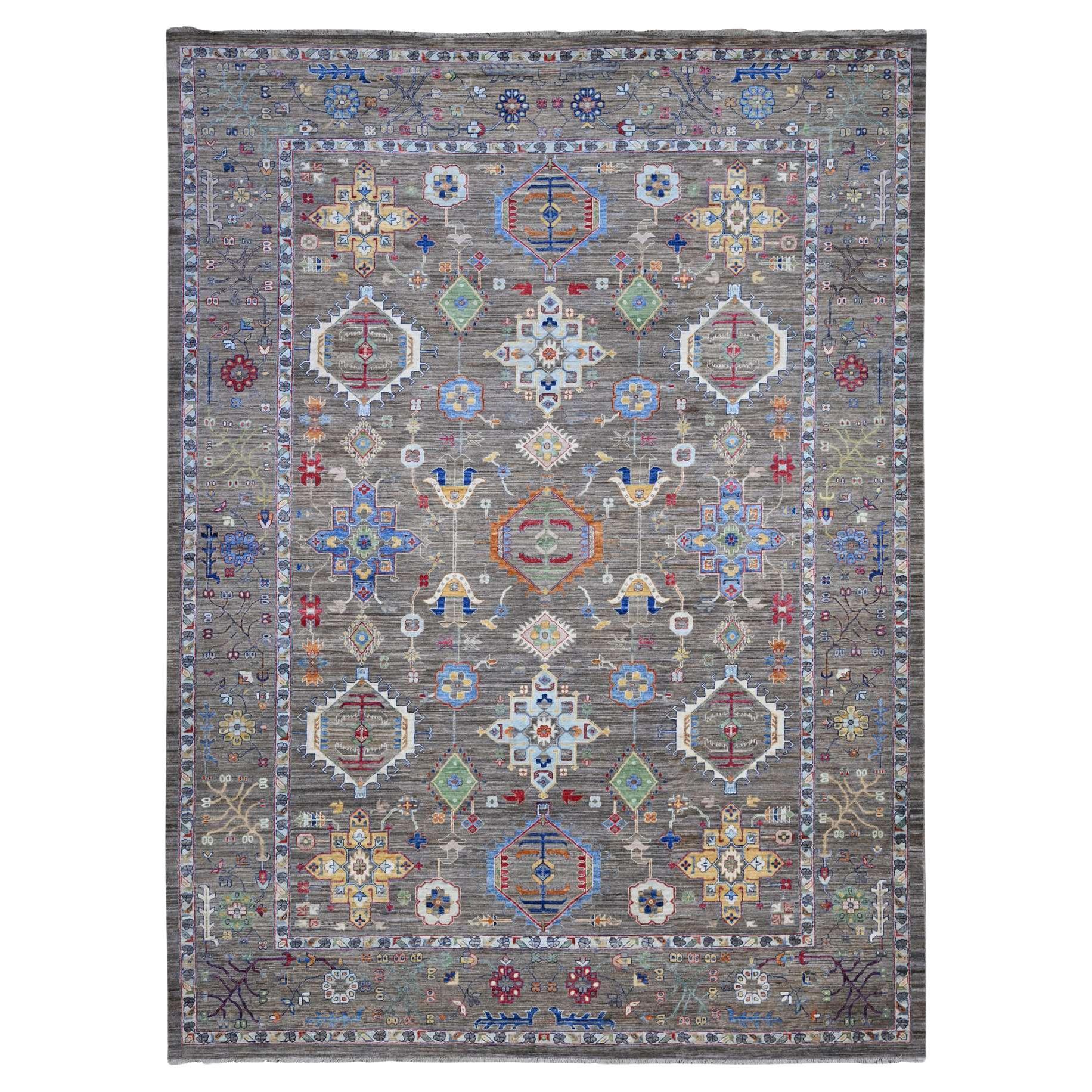 Handgeknüpfter Karajeh-Ottomanischer Teppich aus Wolle in Zinngrau mit geometrischem Design 10'2"x13'6"