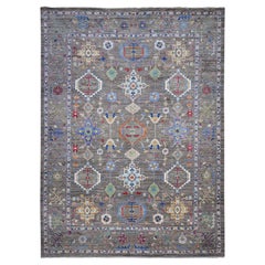Pewter Gray Hand Knotted Karajeh Geometric Design Wool Oriental Rug 10'2"x13'6"