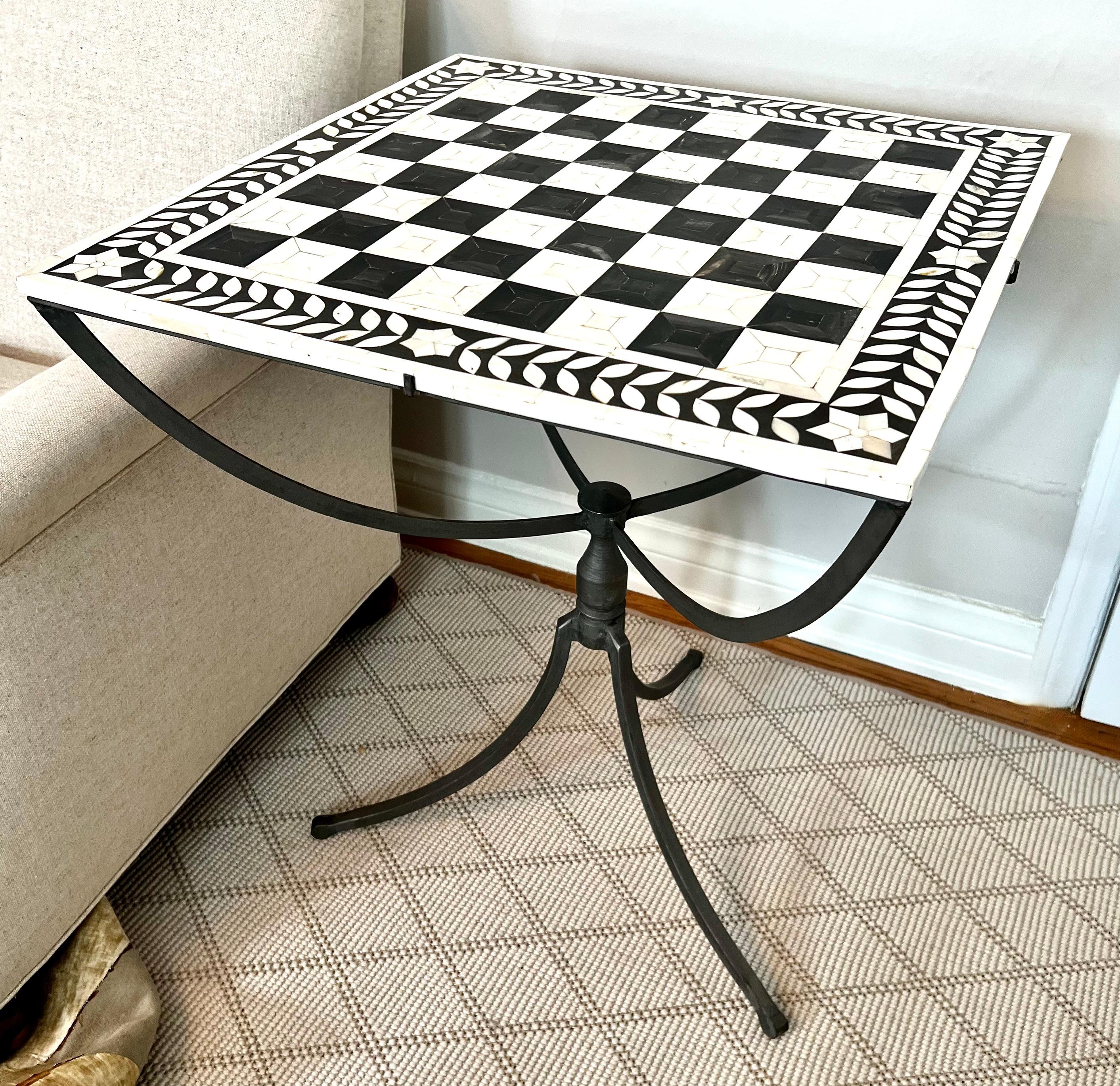 Hand-Crafted Pewter Gueridon Table with Inlay Tessellated Bone Top For Sale