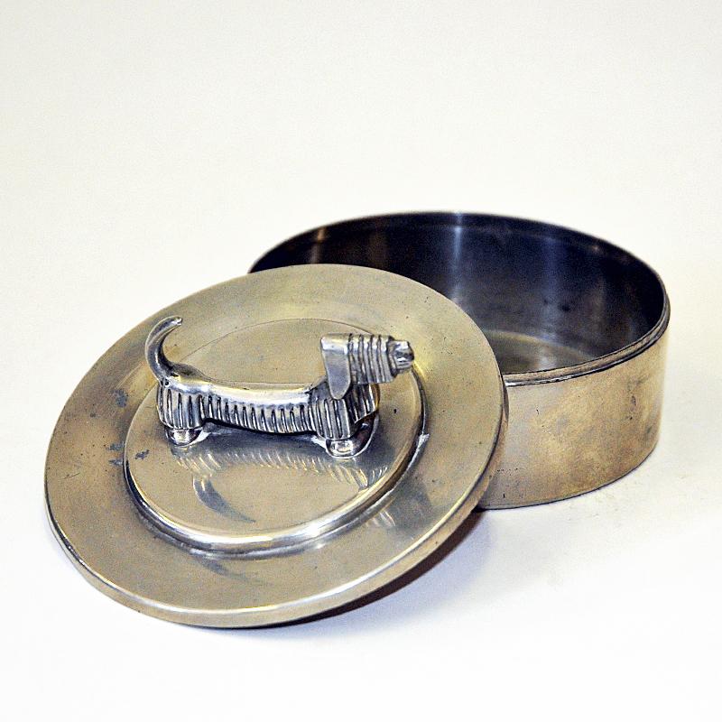 Scandinavian Modern Pewter lid box with dog handle by Sylvia Stave for C.G. Hallberg 1938 Sweden.