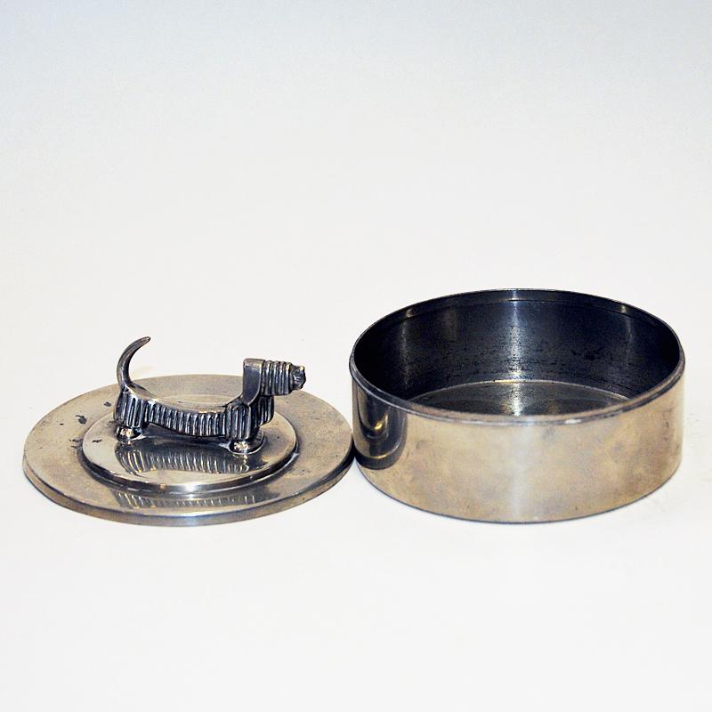 Swedish Pewter lid box with dog handle by Sylvia Stave for C.G. Hallberg 1938 Sweden.